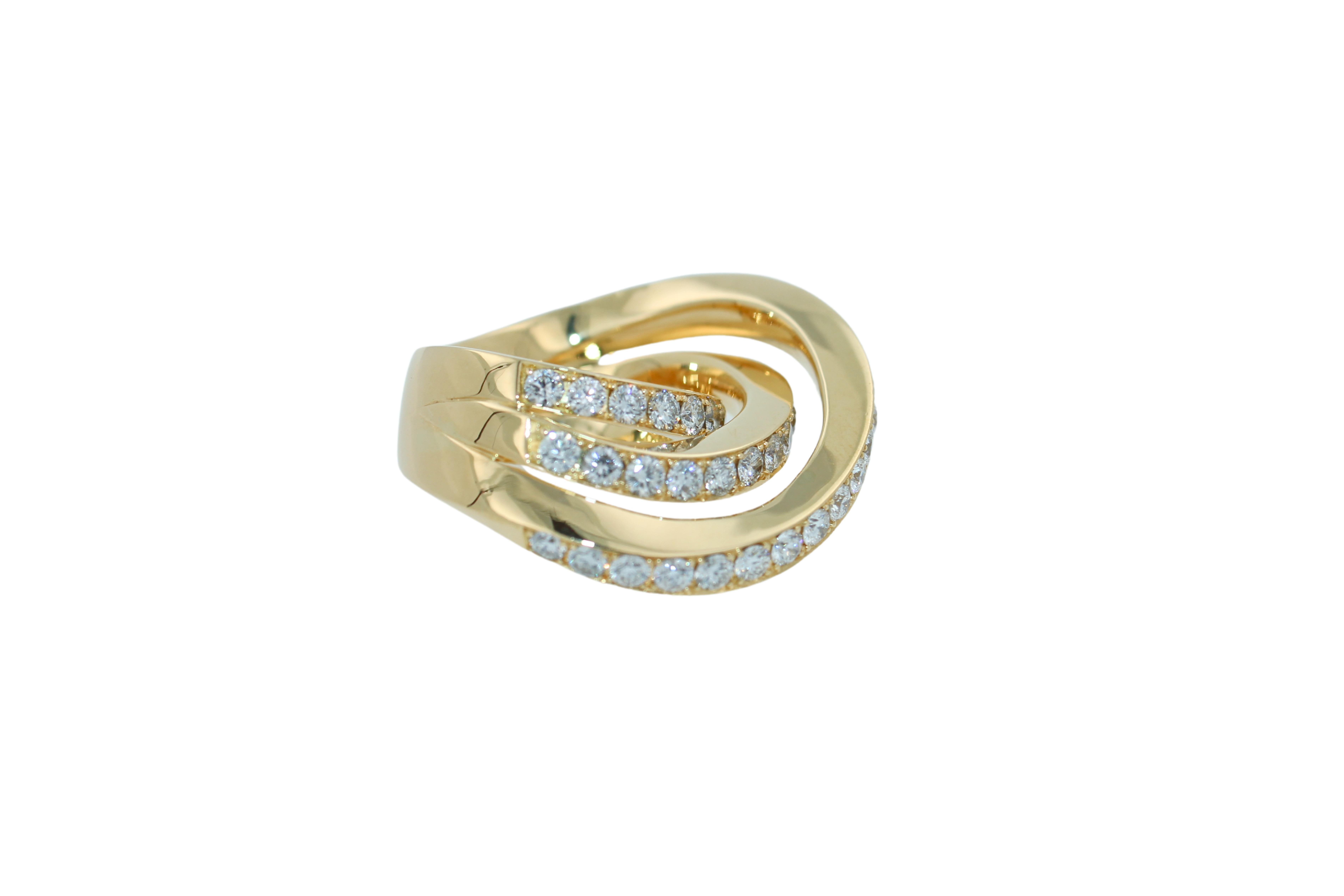 Diamond Channel Geometric Wave Curve Statement Unique 18 Karat Yellow Gold Ring For Sale 2