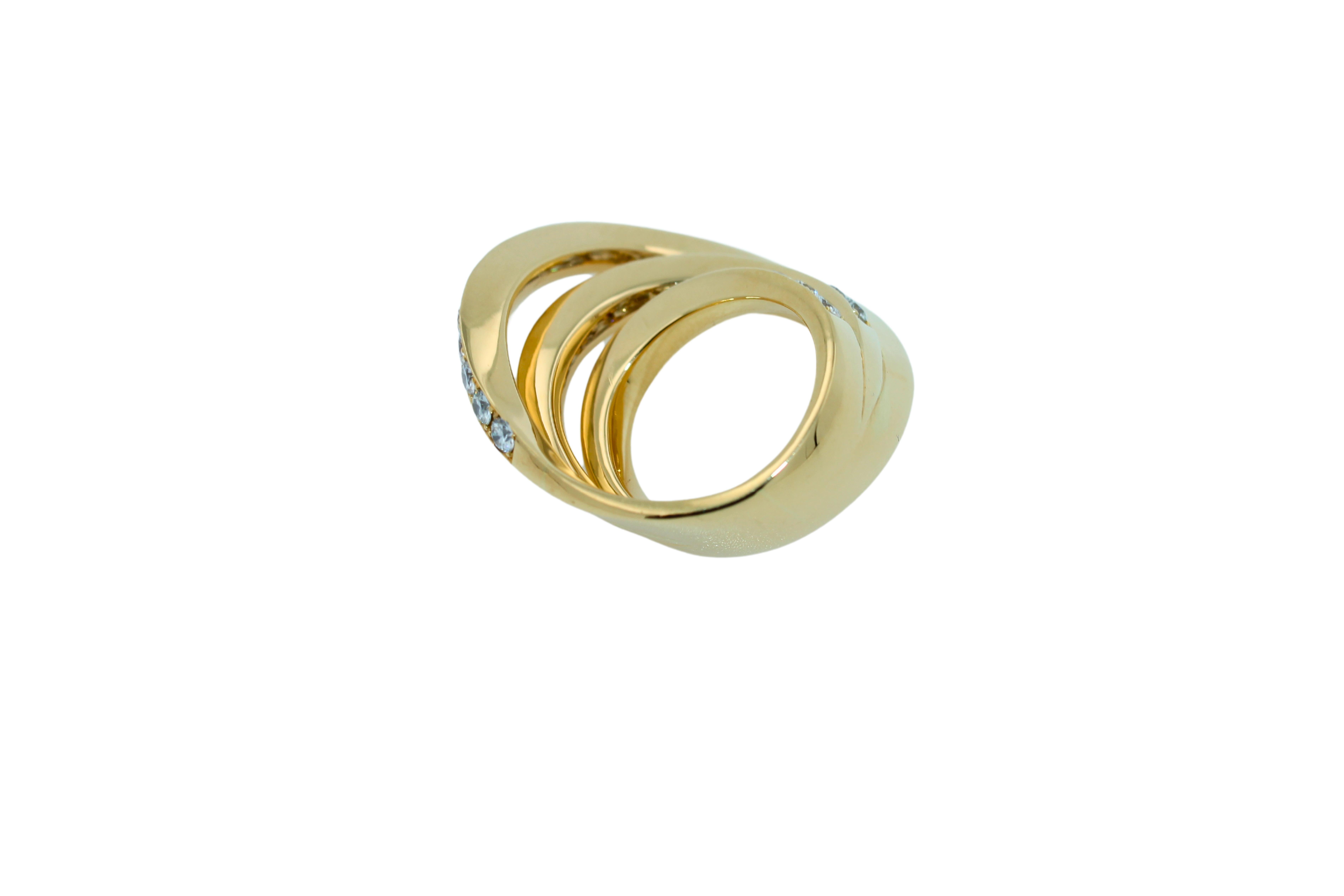 Diamond Channel Geometric Wave Curve Statement Unique 18 Karat Yellow Gold Ring For Sale 4