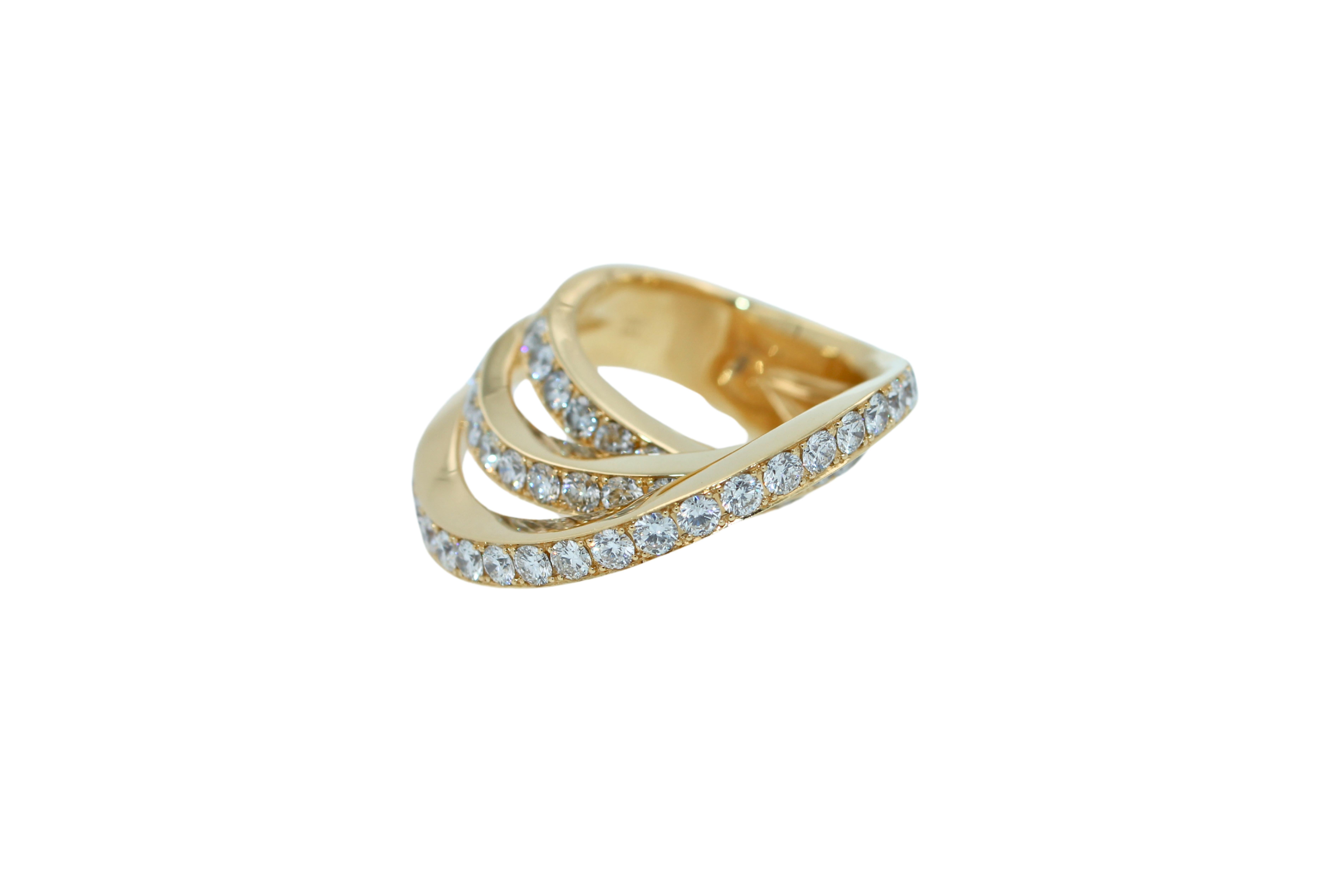 Diamond Channel Geometric Wave Curve Statement Unique 18 Karat Yellow Gold Ring For Sale 3