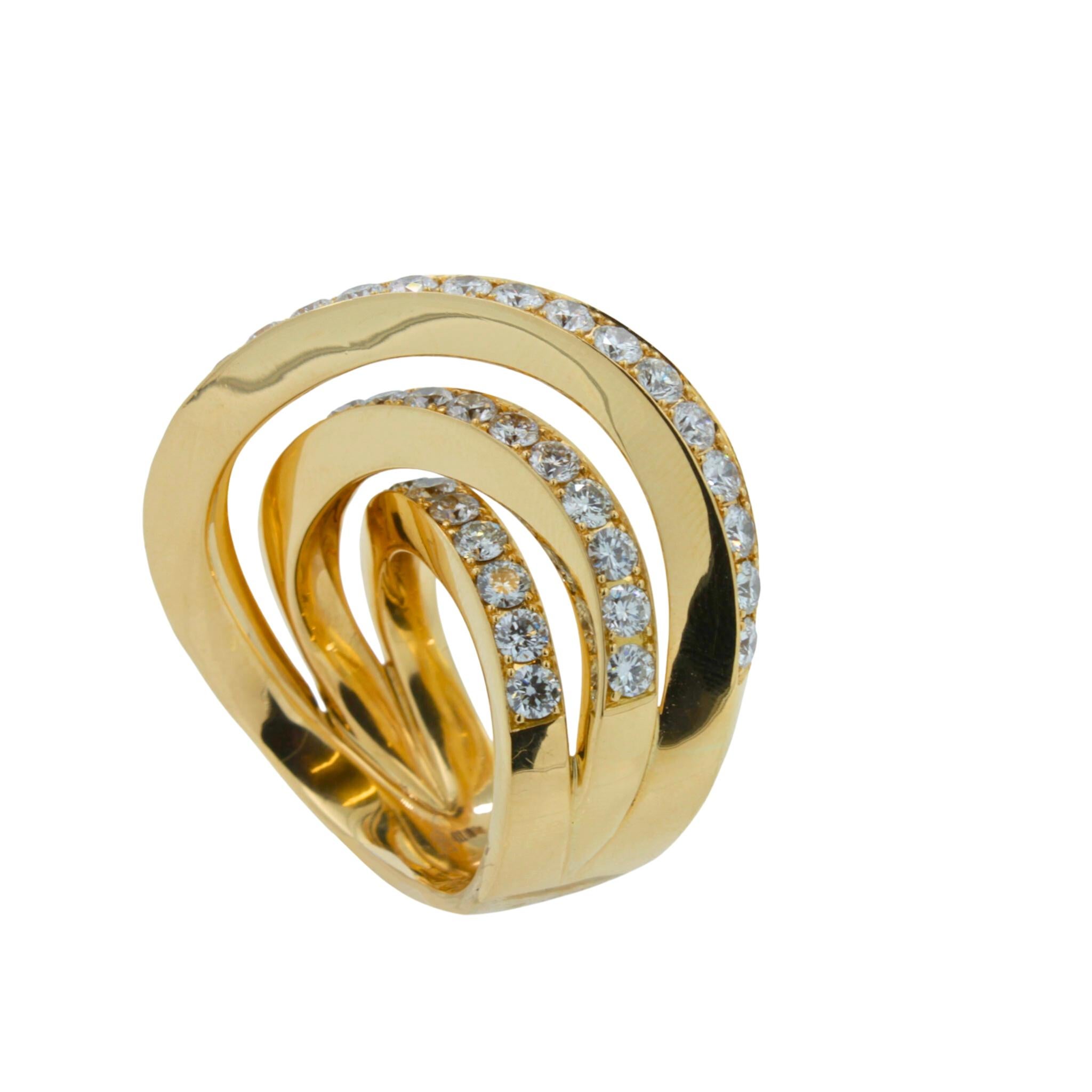 Art Deco Diamond Channel Geometric Wave Curve Statement Unique 18 Karat Yellow Gold Ring For Sale