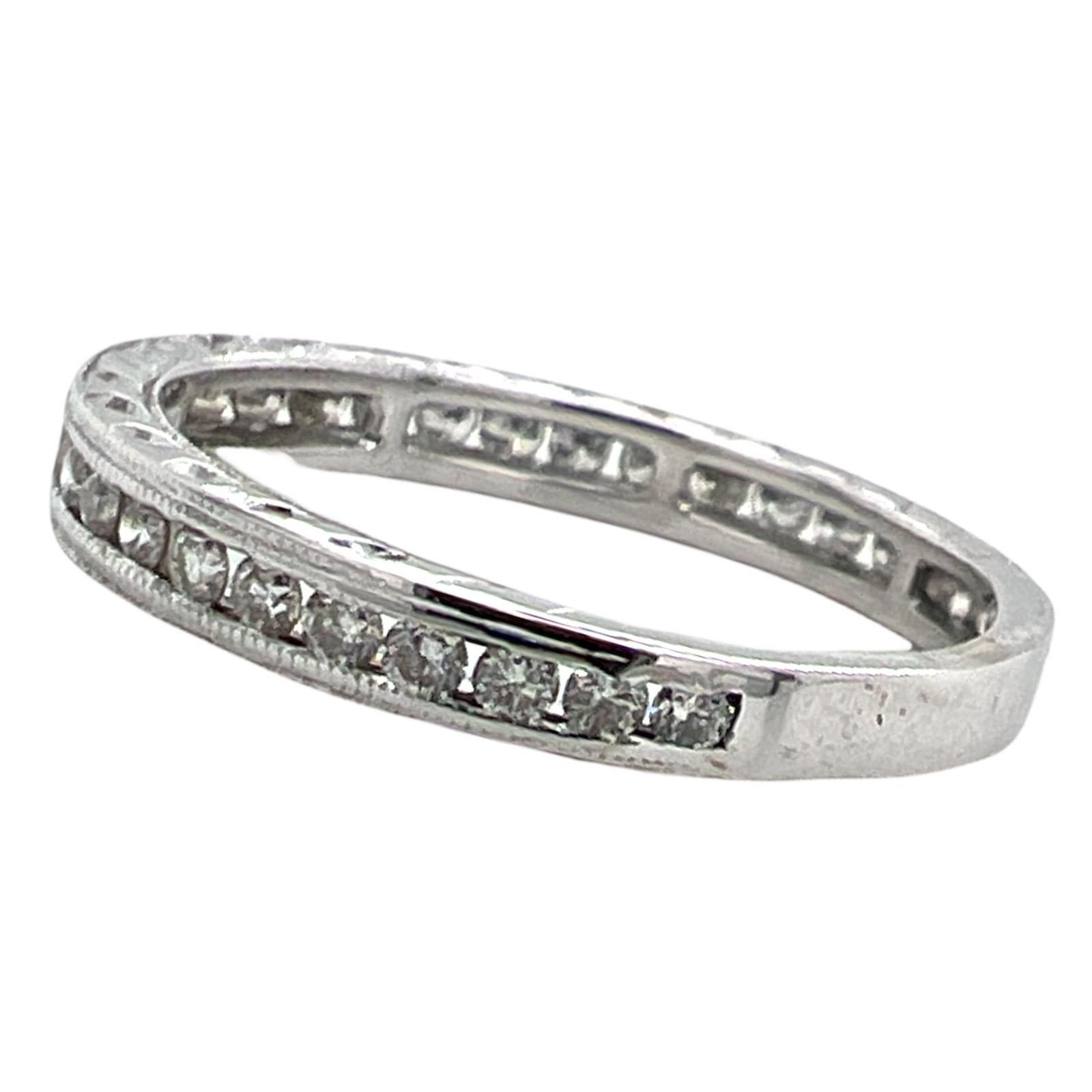 Round Cut Diamond Channel Set 14 Karat White Gold Milgrain Wedding Band Ring For Sale