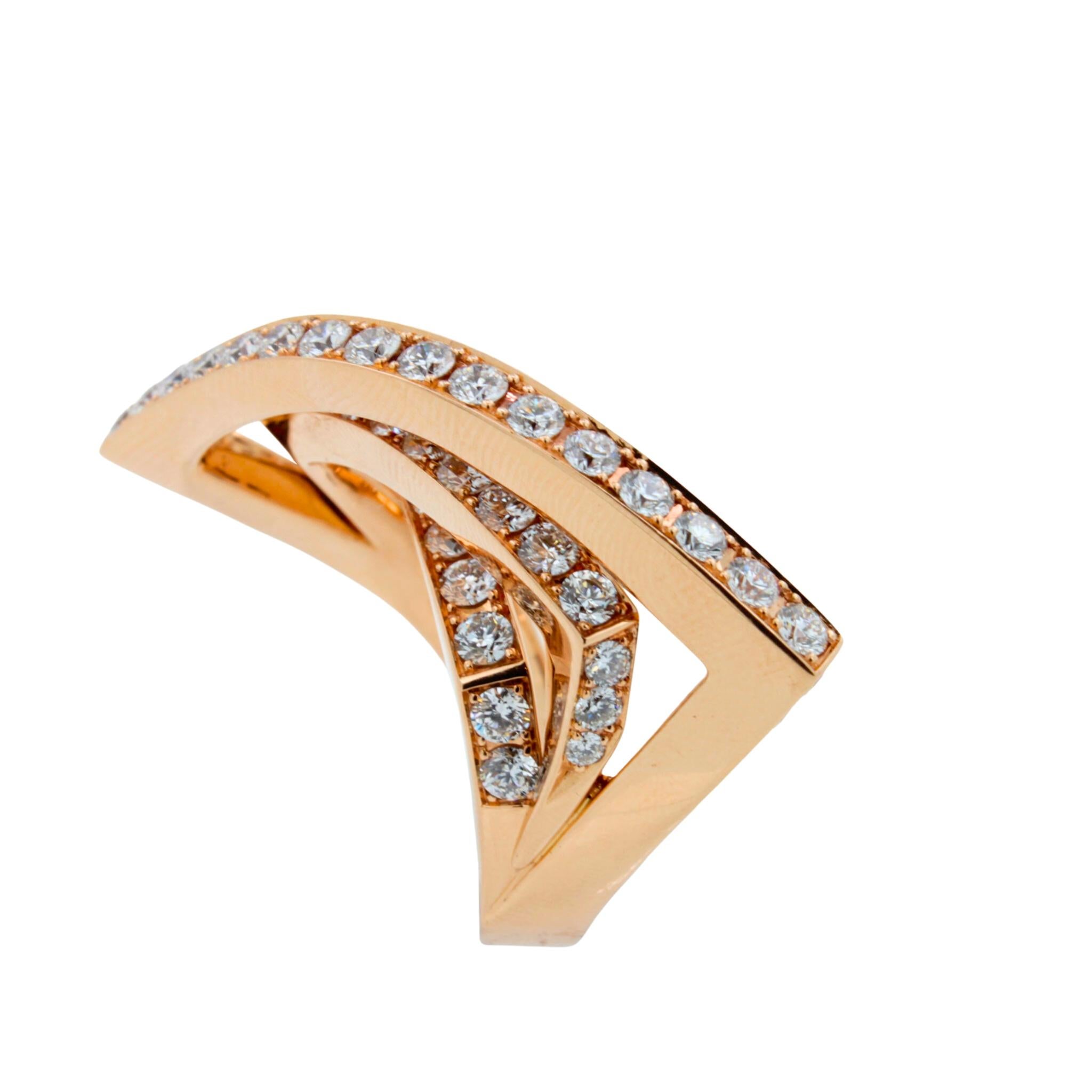 Art Deco Diamond Channel Set Line Geometric Wave Unique Statement 18 Karat Rose Gold Ring For Sale