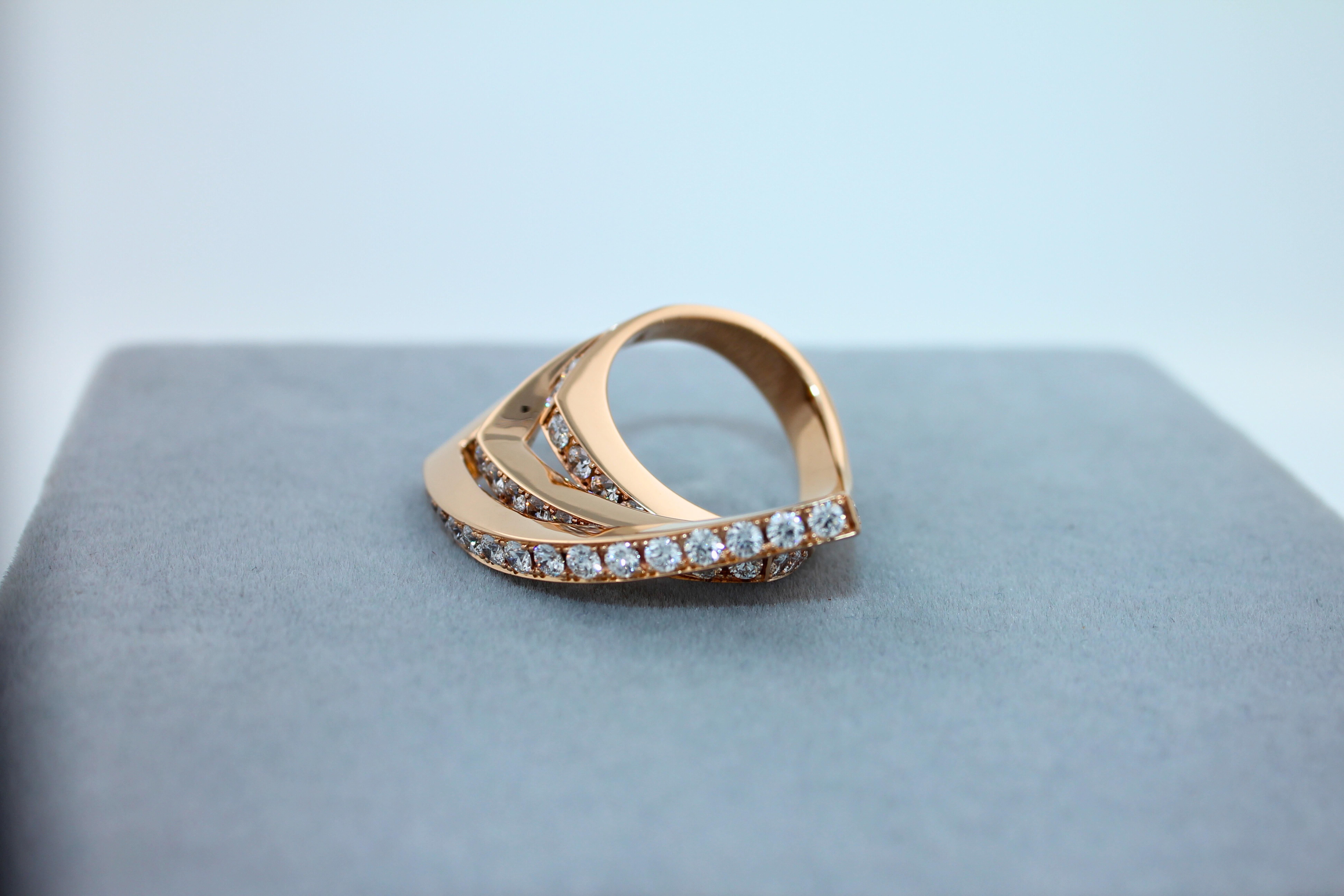 Diamond Channel Set Line Geometric Wave Unique Statement 18 Karat Rose Gold Ring For Sale 8