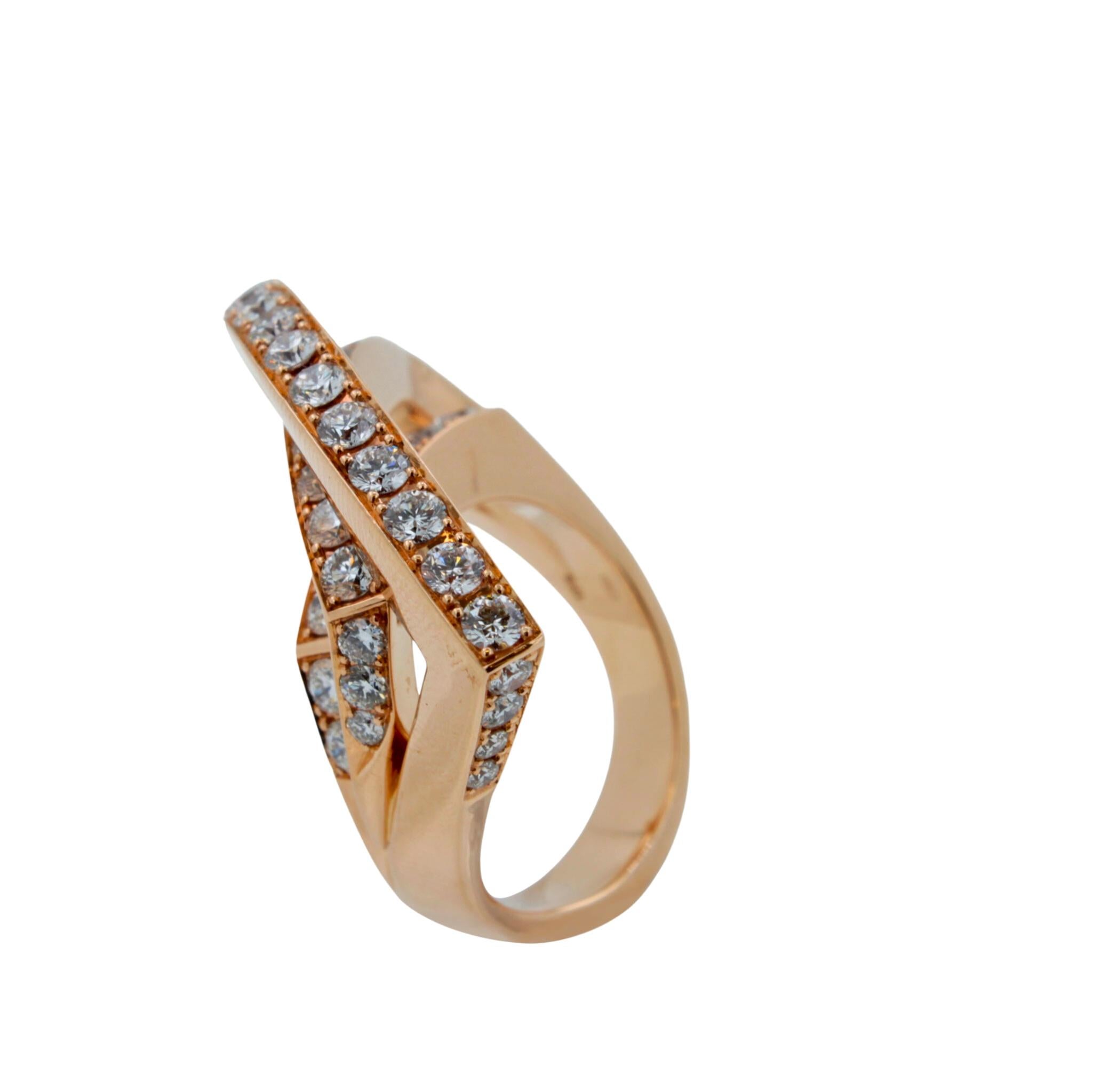 Brilliant Cut Diamond Channel Set Line Geometric Wave Unique Statement 18 Karat Rose Gold Ring For Sale