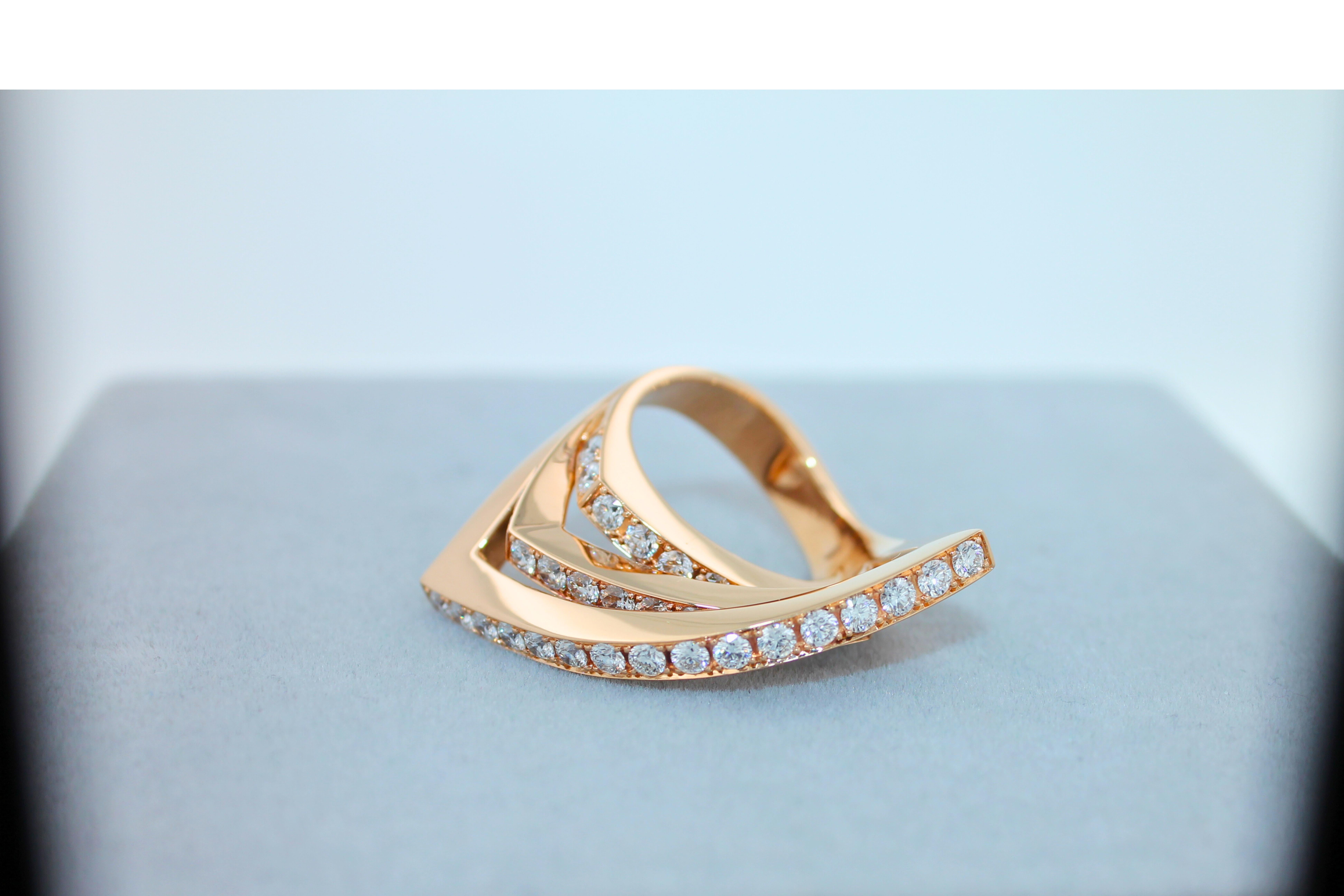 Diamond Channel Set Line Geometric Wave Unique Statement 18 Karat Rose Gold Ring For Sale 9