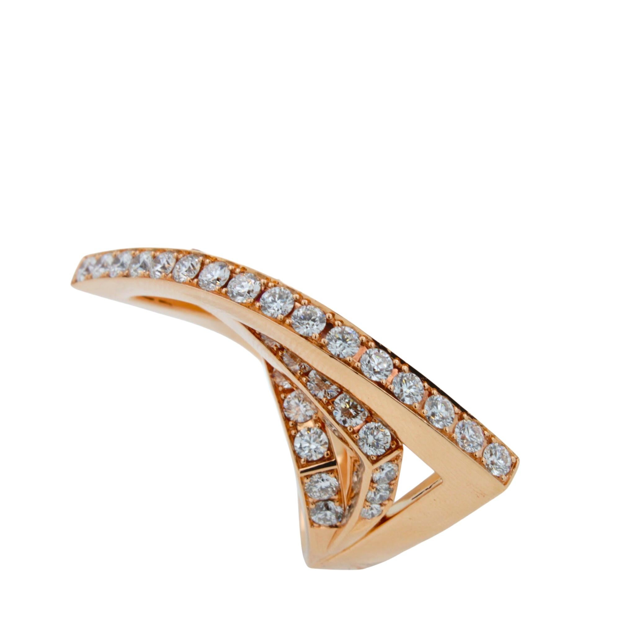 Women's or Men's Diamond Channel Set Line Geometric Wave Unique Statement 18 Karat Rose Gold Ring For Sale