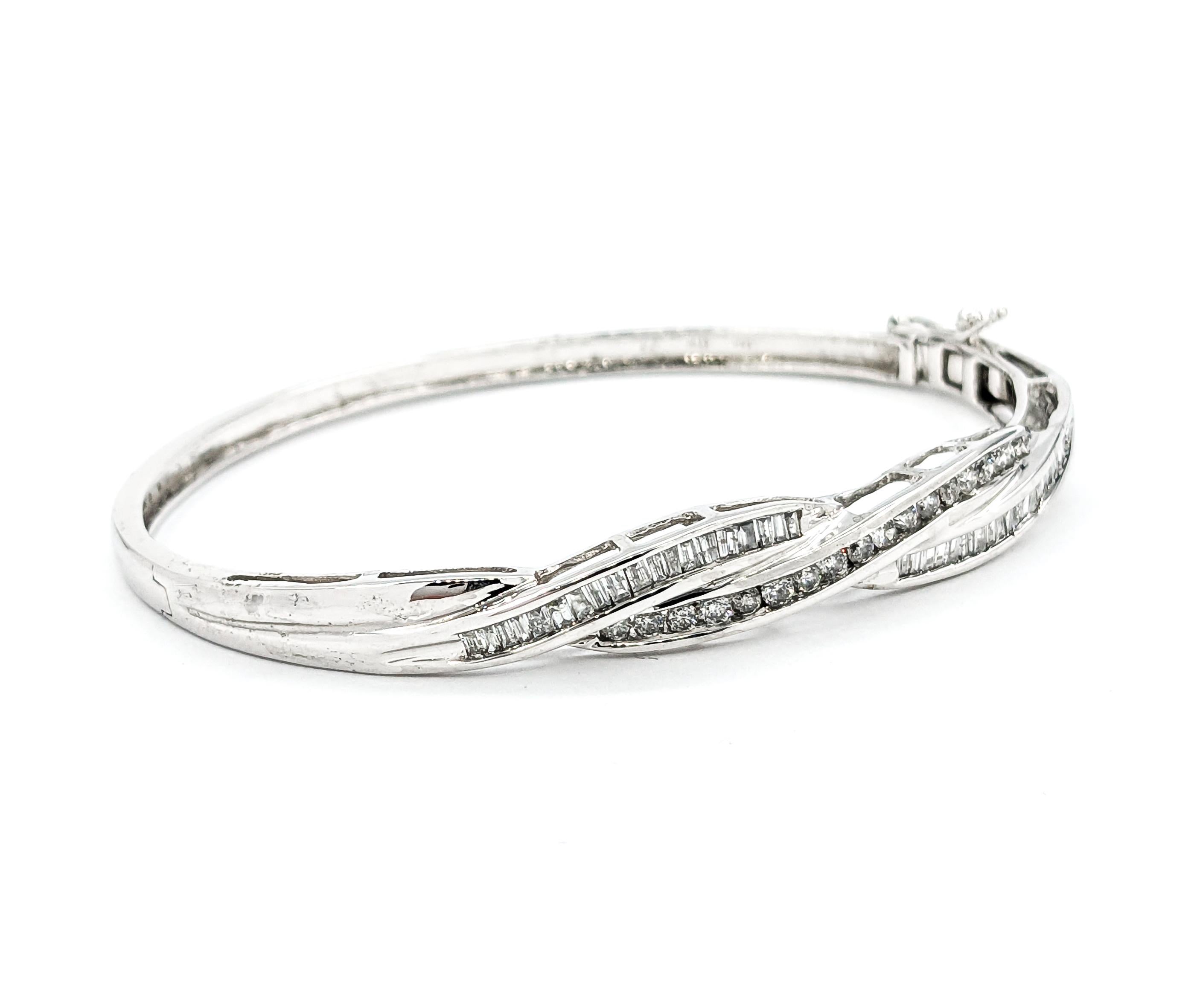 Diamond Channel Twist Bangle Bracelet In White Gold In Excellent Condition For Sale In Bloomington, MN