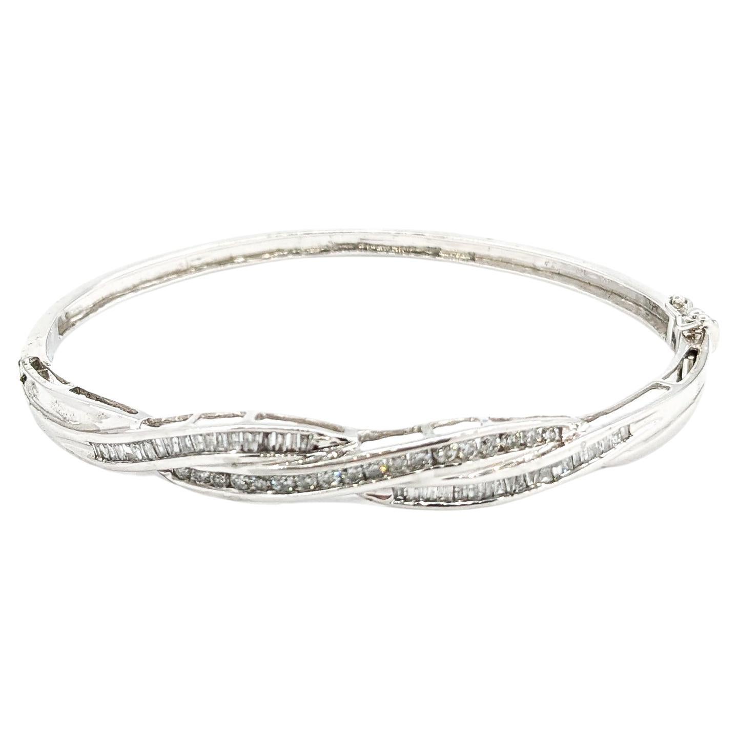 Diamond Channel Twist Bangle Bracelet In White Gold