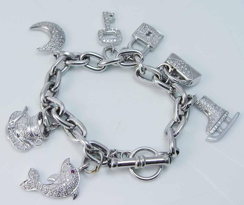 Diamond Charm Bracelet 18K White Gold 3.45 TDW For Sale 6