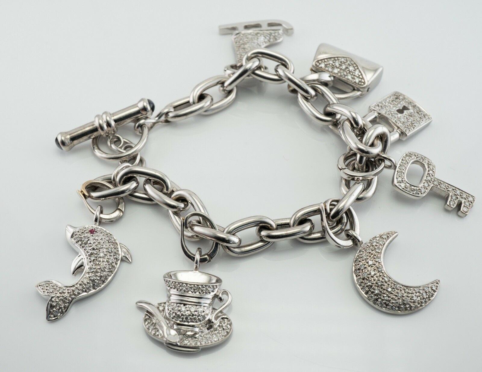 Diamond Charm Bracelet 18K White Gold 3.45 TDW In Good Condition For Sale In East Brunswick, NJ