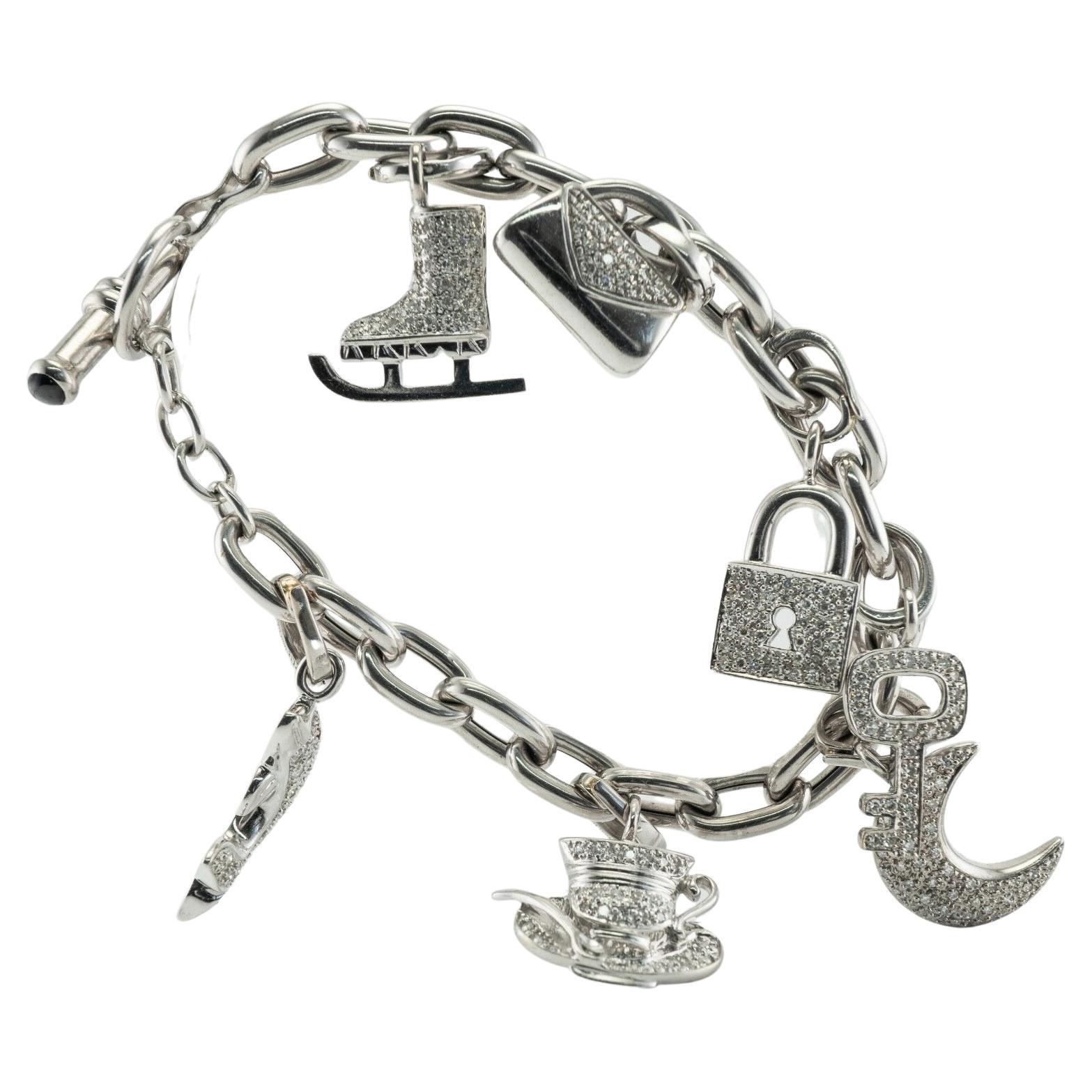 Diamond Charm Bracelet 18K White Gold 3.45 TDW For Sale