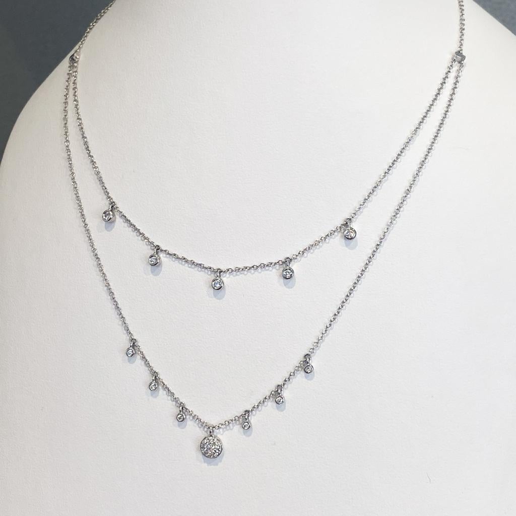 Contemporary Diamond Charm Layered Drop Necklace .24 Carats in 14K White Gold For Sale