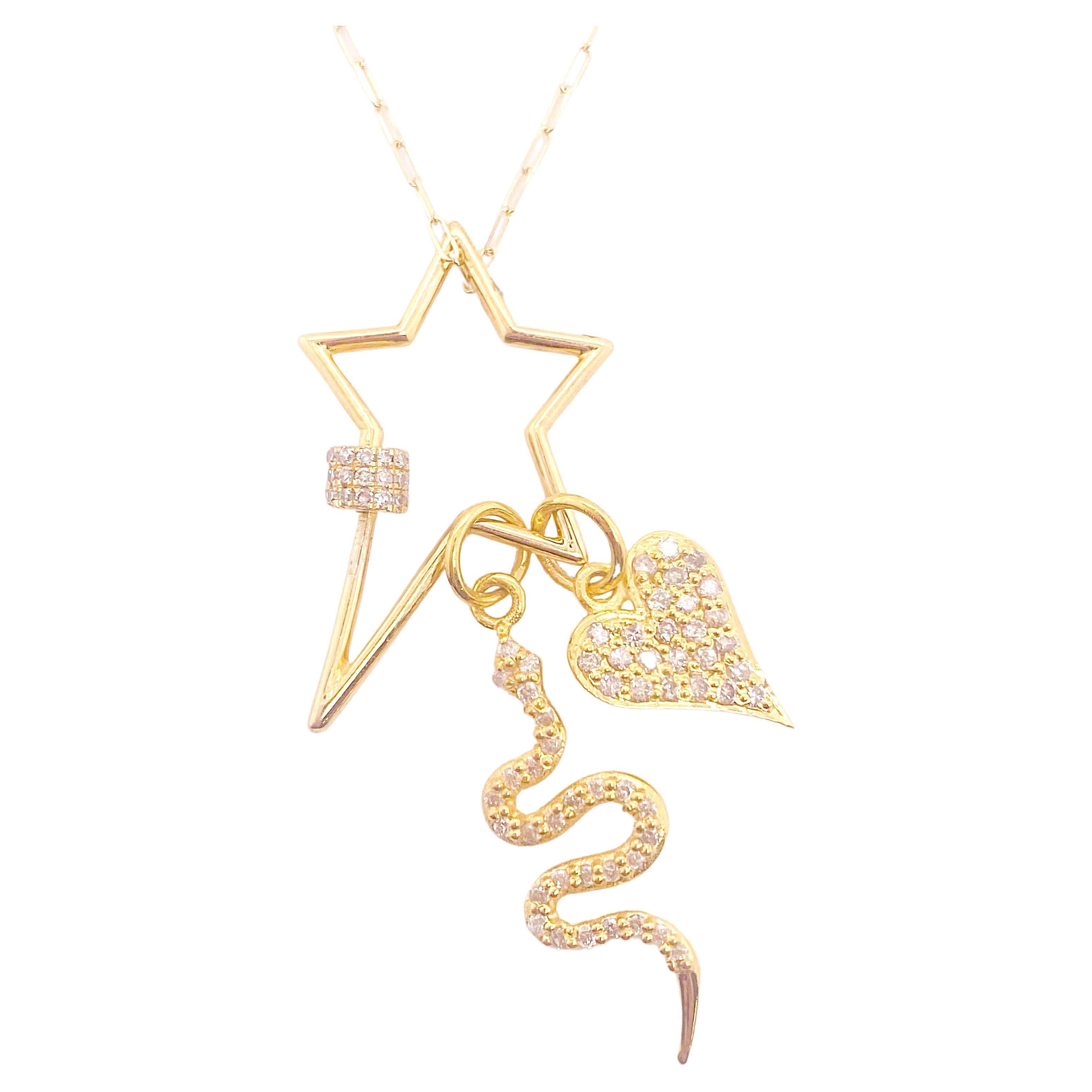 Diamond Charm Necklace Star Lock, Snake, Heart Charm, Paperclip Chain 14 kt Gold
