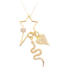 Diamond Charm Necklace Star Lock,Snake, Heart Charm, Paperclip Chain 14 kt Gold