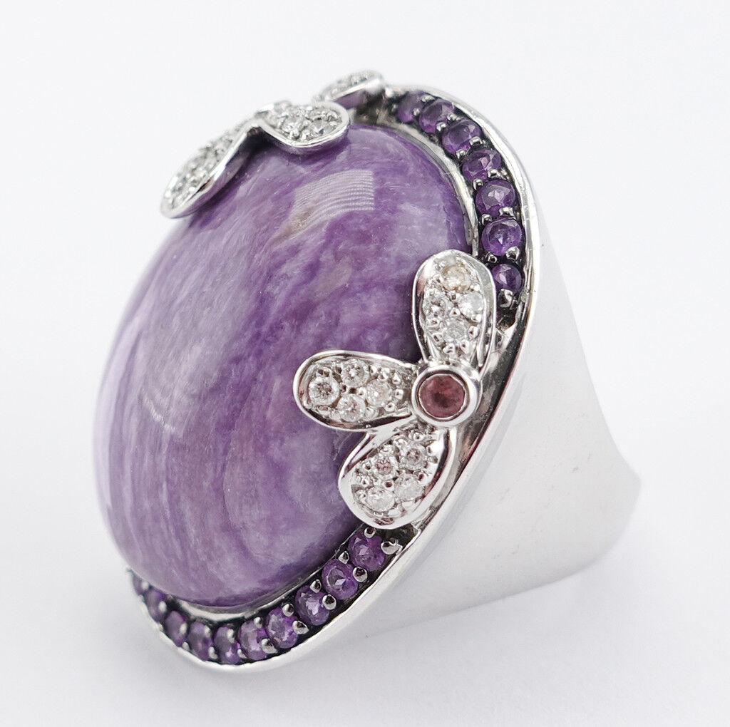Cabochon Diamond Charoite Amethyst Ring 14K Gold Flower Cocktail For Sale