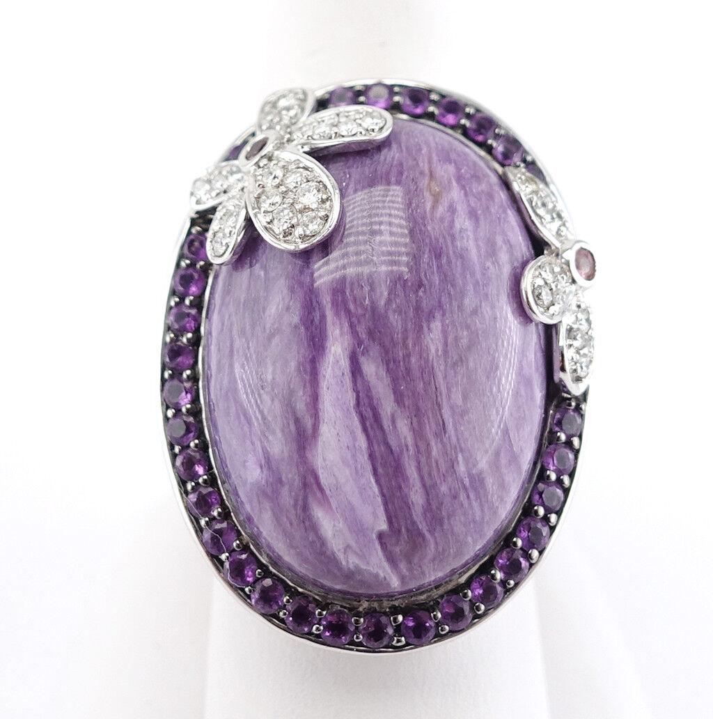 Diamond Charoite Amethyst Ring 14K Gold Flower Cocktail In Good Condition For Sale In East Brunswick, NJ