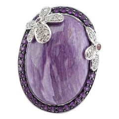 Diamond Charoite Amethyst Ring 14K Gold Flower Cocktail