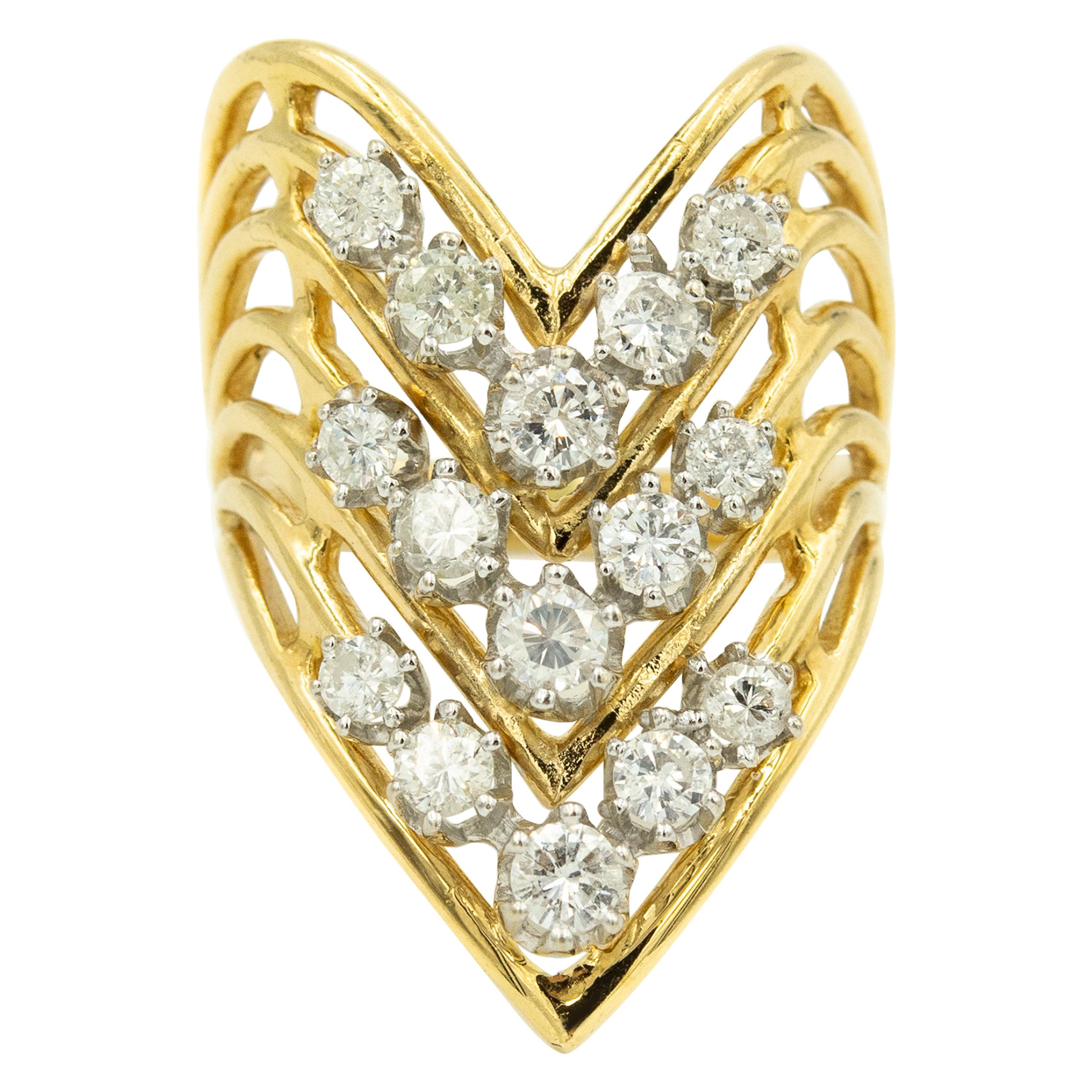 Diamond Chevron "V" Geometric Yellow Gold Ring For Sale