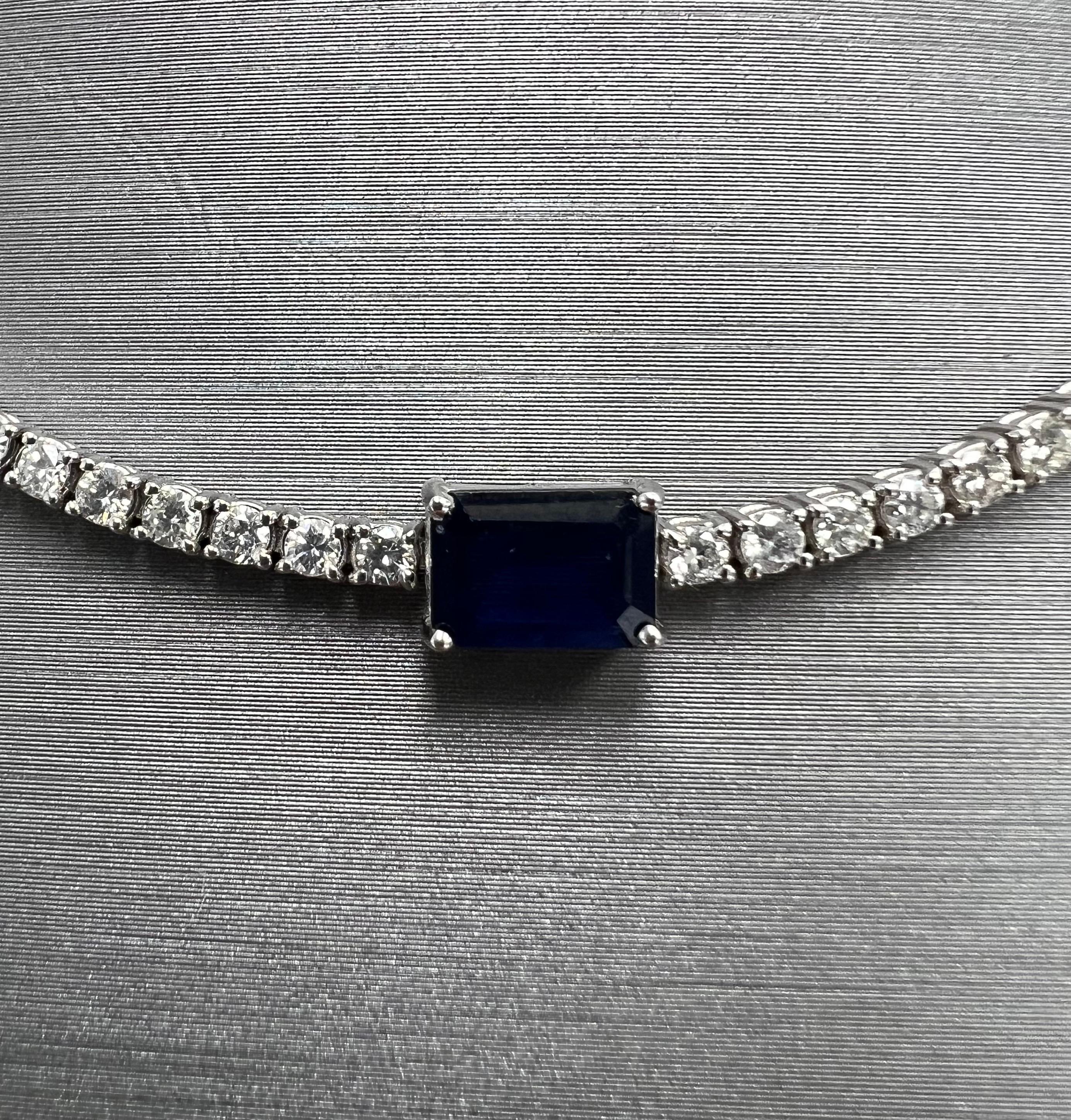 Diamond Choker Necklace in 14k white with 1.02ct of Natural Emerald Cut Sapphire In New Condition For Sale In Great Neck, NY