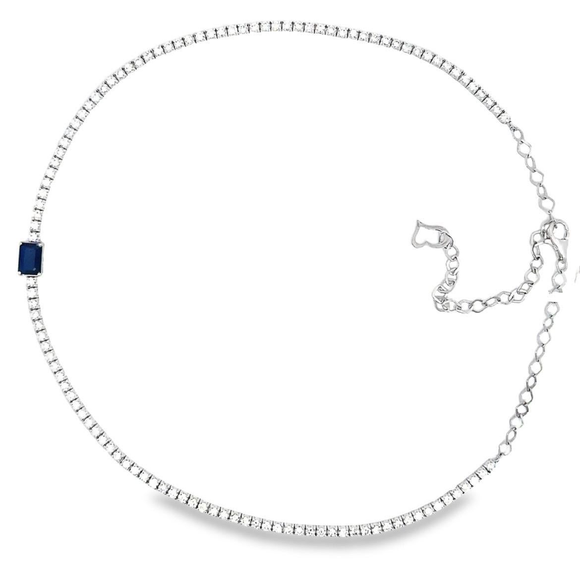 Women's or Men's Diamond Choker Necklace in 14k white with 1.02ct of Natural Emerald Cut Sapphire For Sale