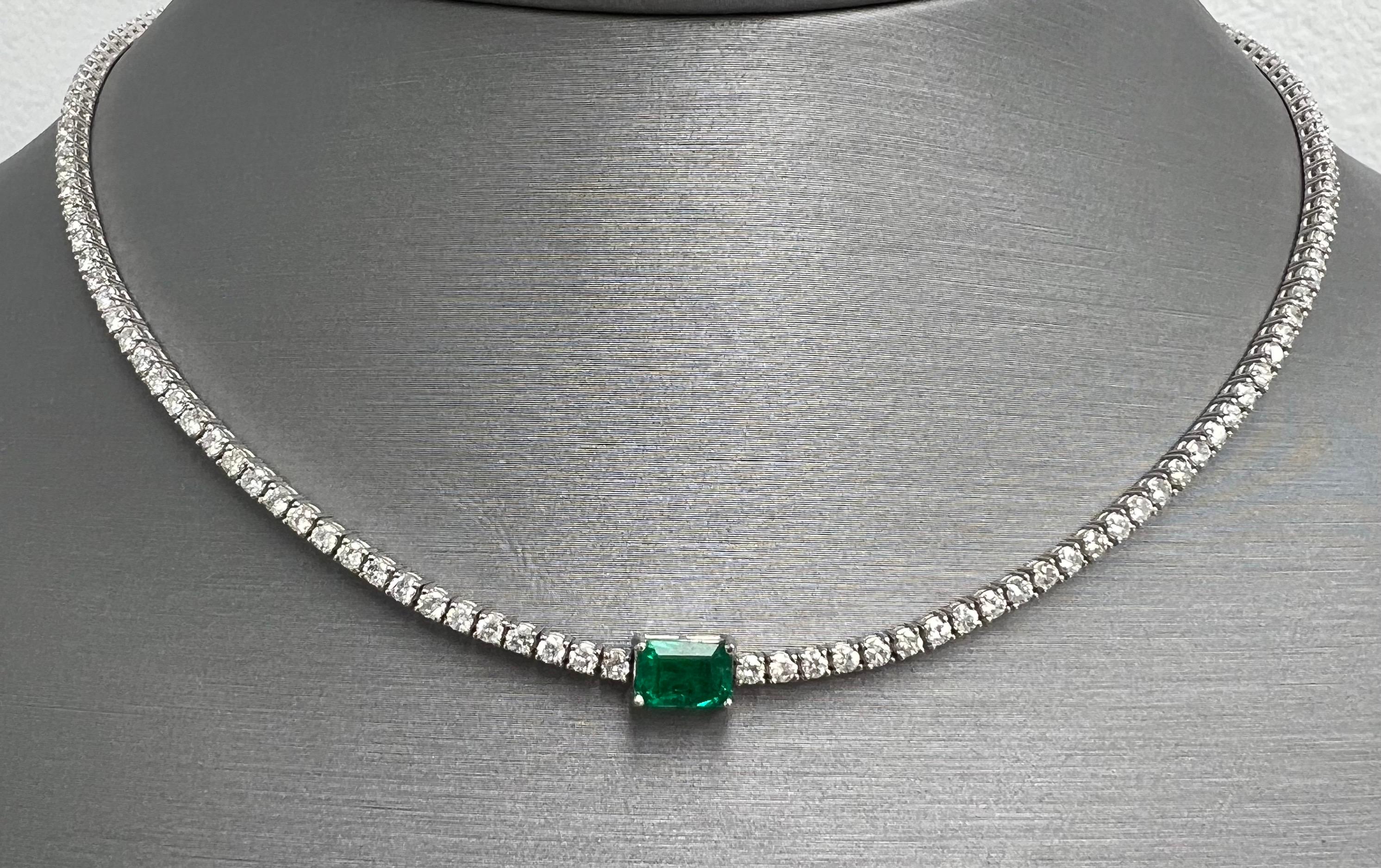 Emerald Cut Diamond Choker with a Natural Emerald Gem-stone in 14k White and Natural Diamond For Sale