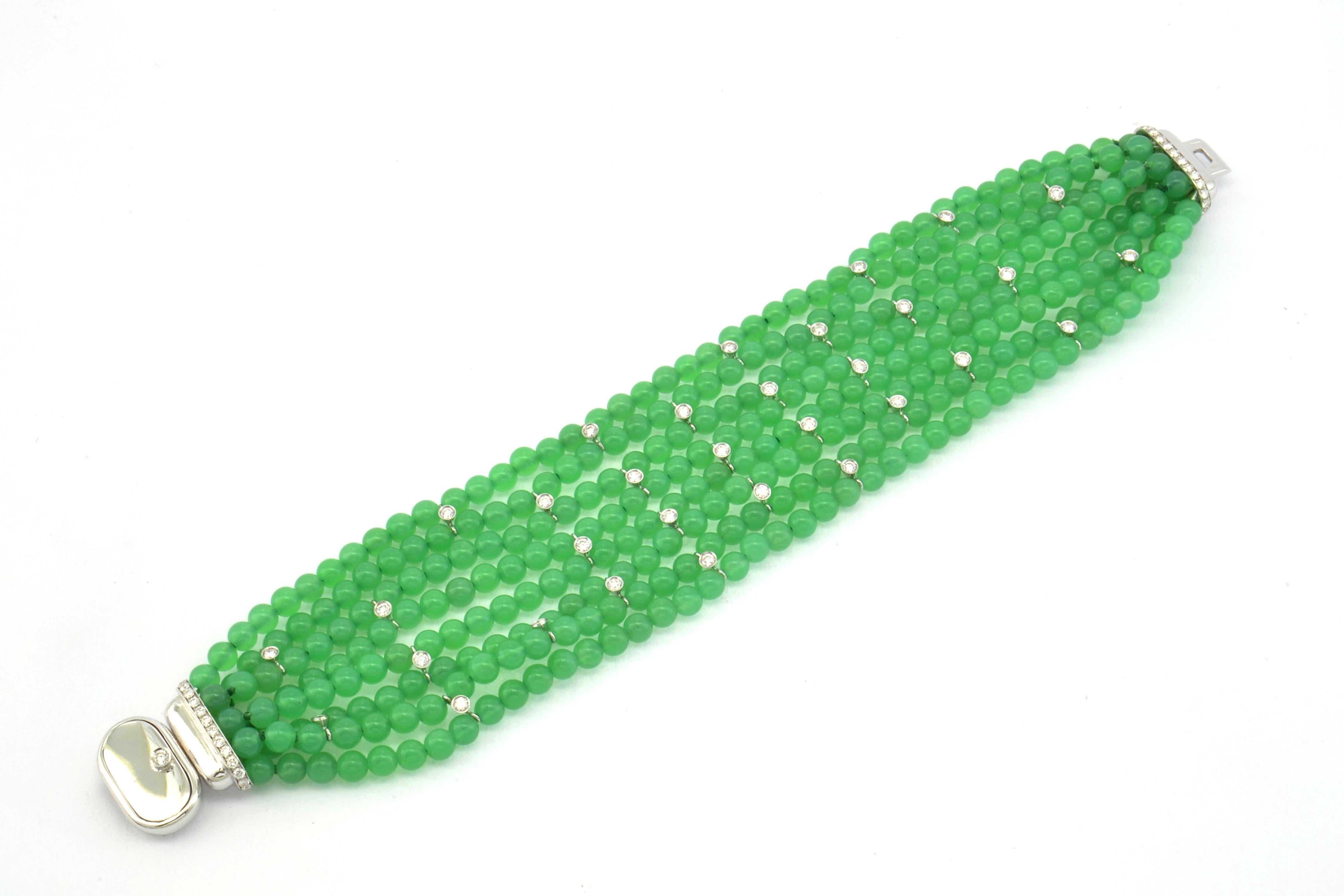 Round Cut Diamond Chrysoprase 18 Kt White Gold Made in Italy Bracelet For Sale