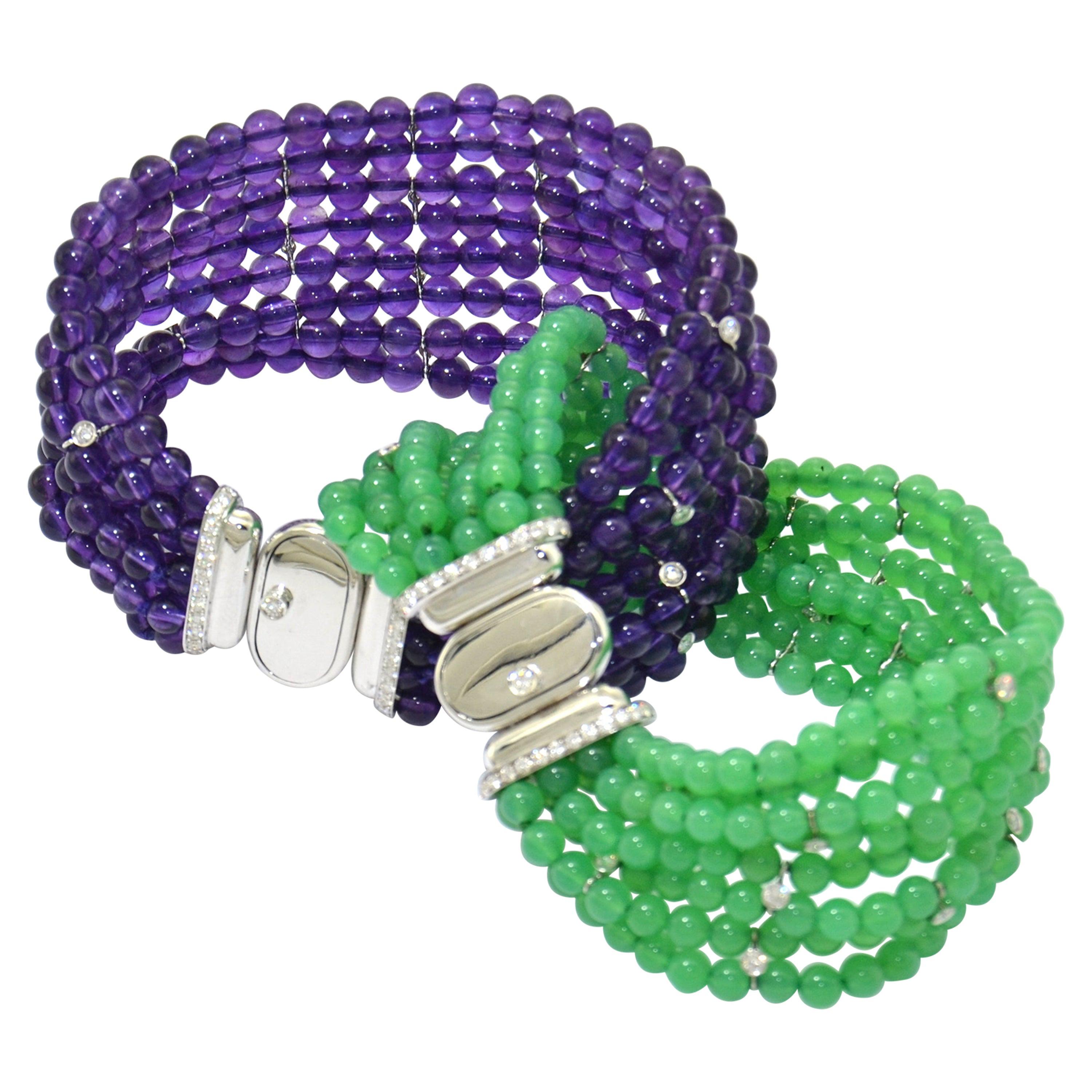 Diamond Chrysoprase Amethyst 18 KT White Gold Made in Italy Twin Bracelets 