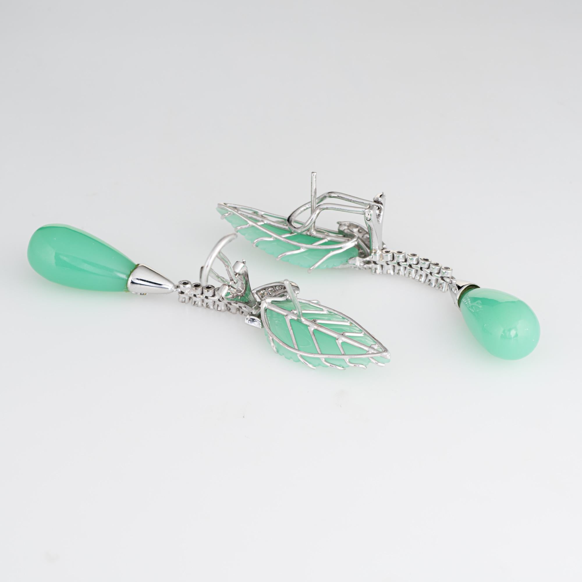 Elegant pair of estate chrysoprase & diamond leaf drop earrings crafted in 14k white gold. 

46 round single cut diamonds total an estimated 0.60 carats (estimated at I-J color and SI2-I1 clarity). Carved chrysoprase leaves measure 25mm x 10mm and