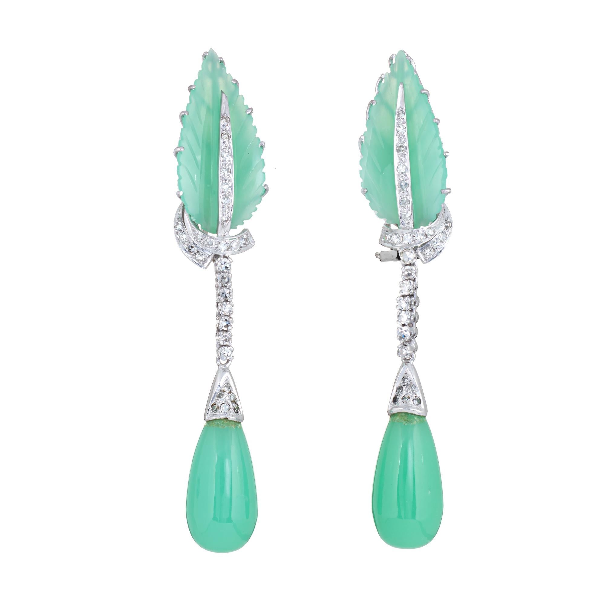 Diamond Chrysoprase Earrings Leaf Drop 14 Karat Gold Estate Vintage Jewelry In Excellent Condition In Torrance, CA