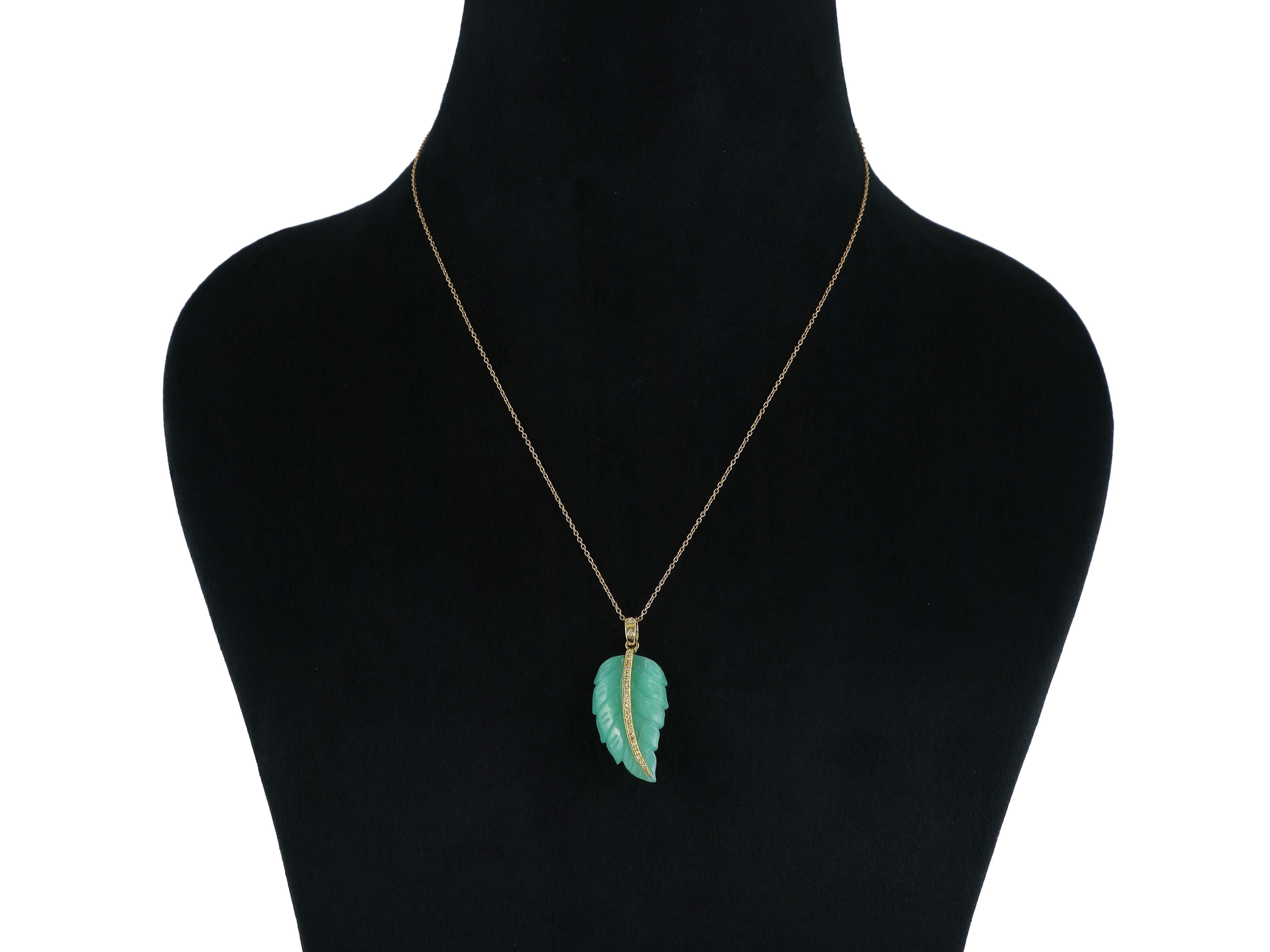 da uomo o donna Ciondolo a forma di foglia con diamante e crisoprasio in oro 18 carati in vendita