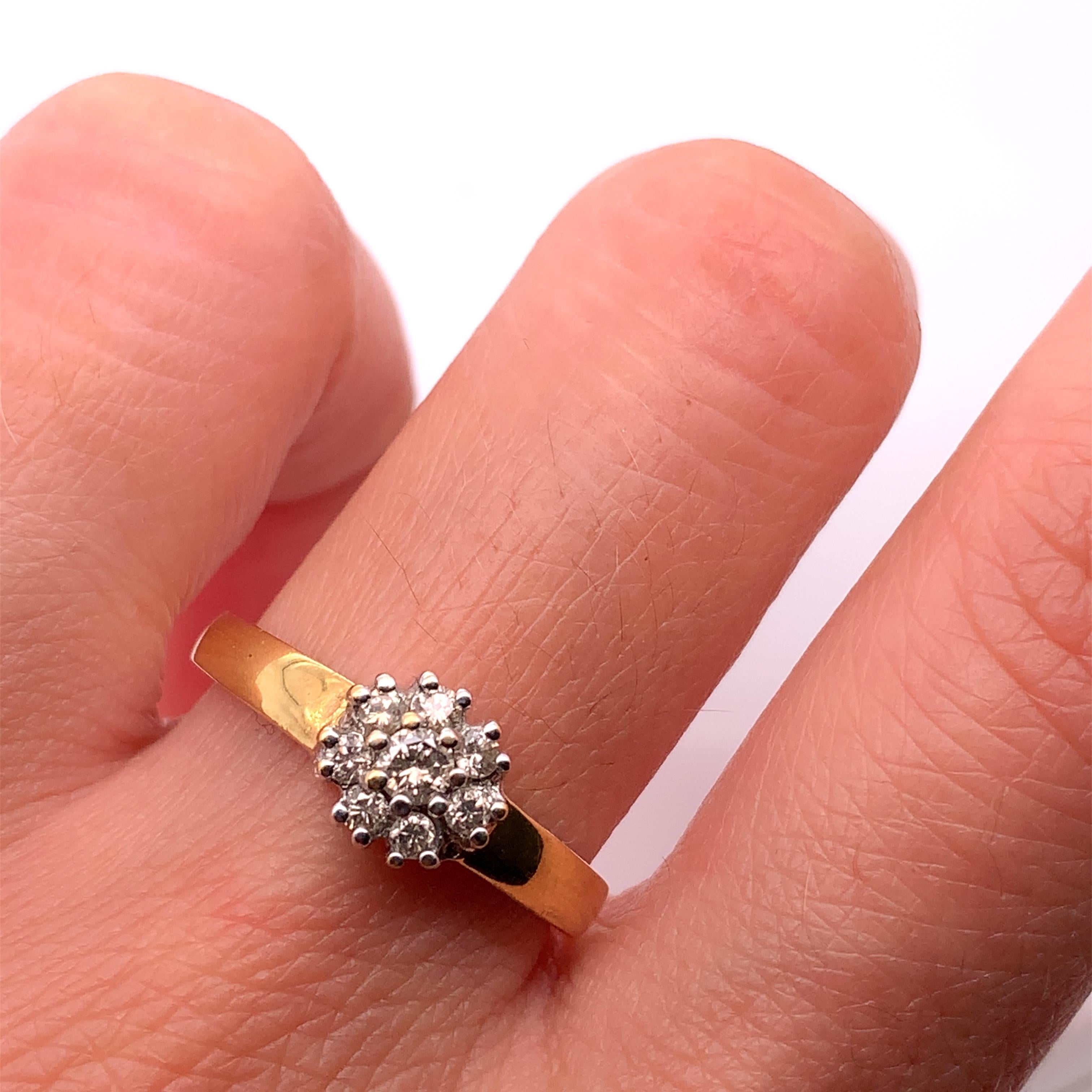 This stunning 18ct yellow gold ring features a beautiful round-cut diamond set in a cluster style, perfect for engagements and special occasions. The band is designed in a chunky style, adding a touch of elegance and sophistication. Accompanied by