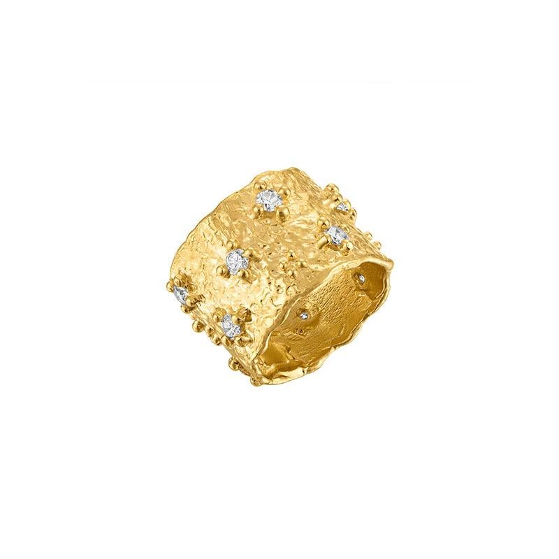 This stunning ring is a true work of art, handcrafted from luxurious 22k gold and featuring 20 3.0mm sparkling diamonds. The wide, textured band evokes the classic cigar band style, offering a bold and sophisticated look. Complete with our signature