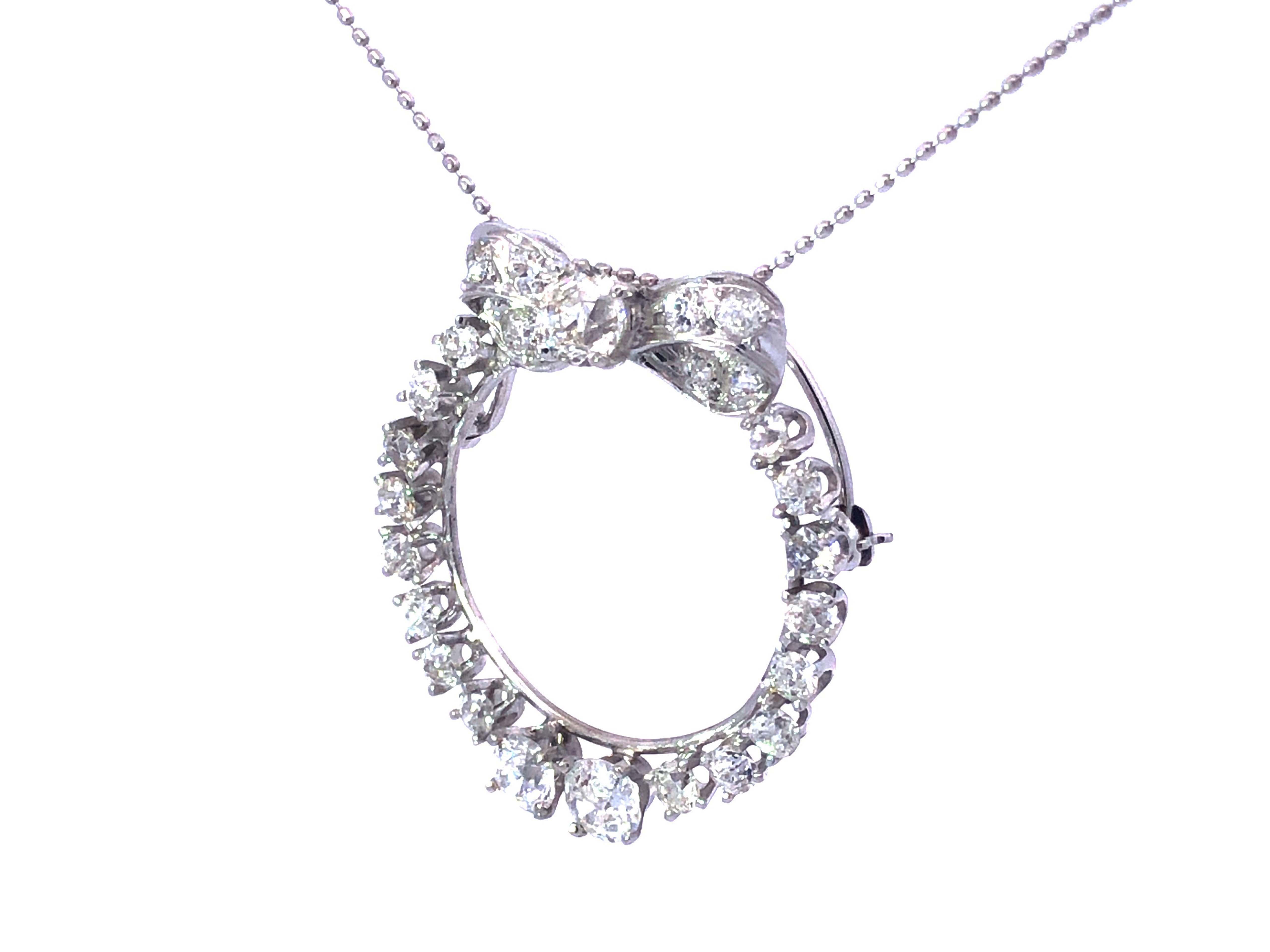 Round Cut Diamond Circle Bow Necklace in Platinum For Sale