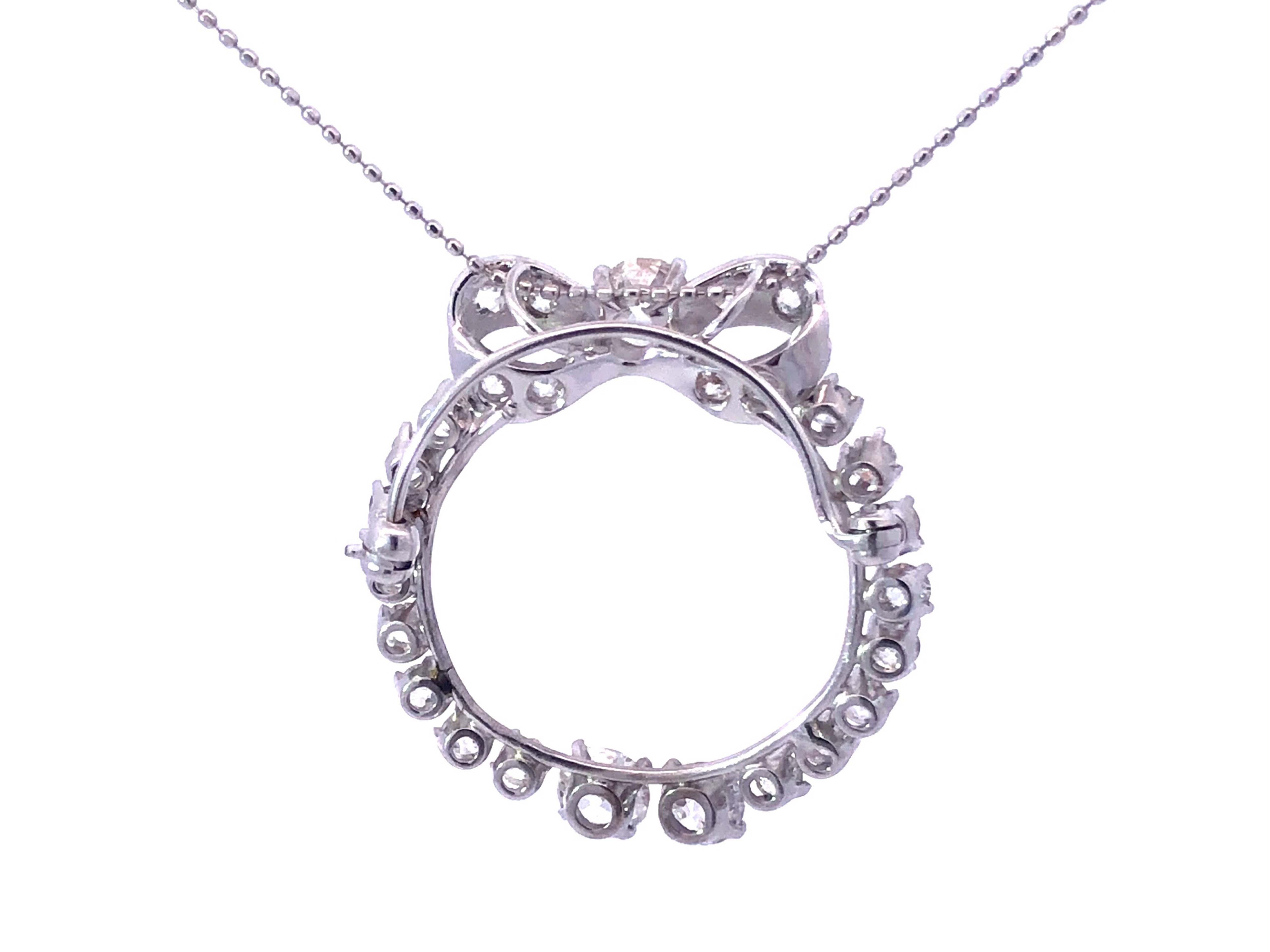 Diamond Circle Bow Necklace in Platinum For Sale 1