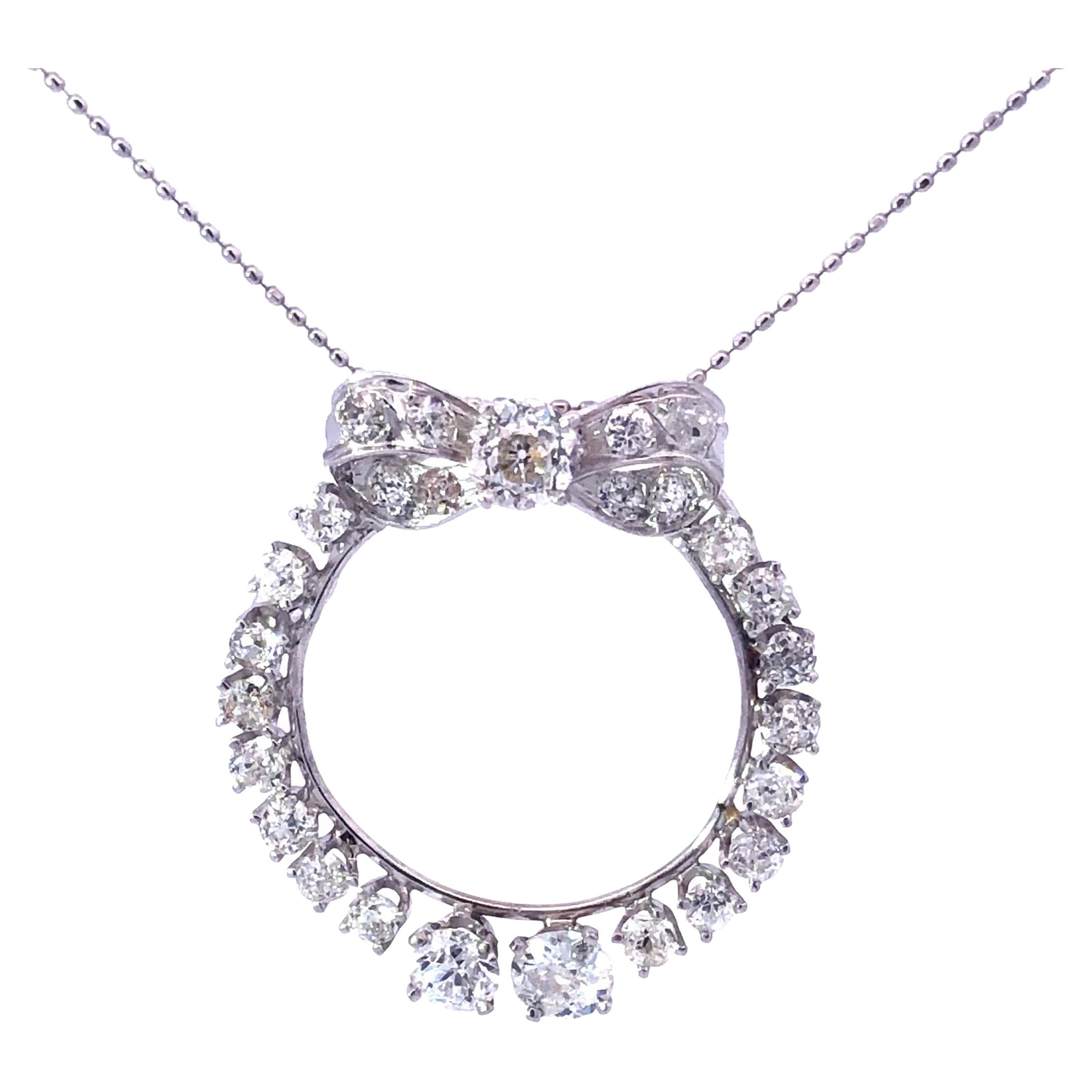 Diamond Circle Bow Necklace in Platinum For Sale