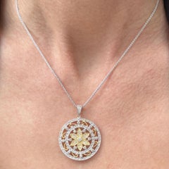 Diamond Circle Floral Design 18 Karat Two Tone Gold Modern Pendant Necklace