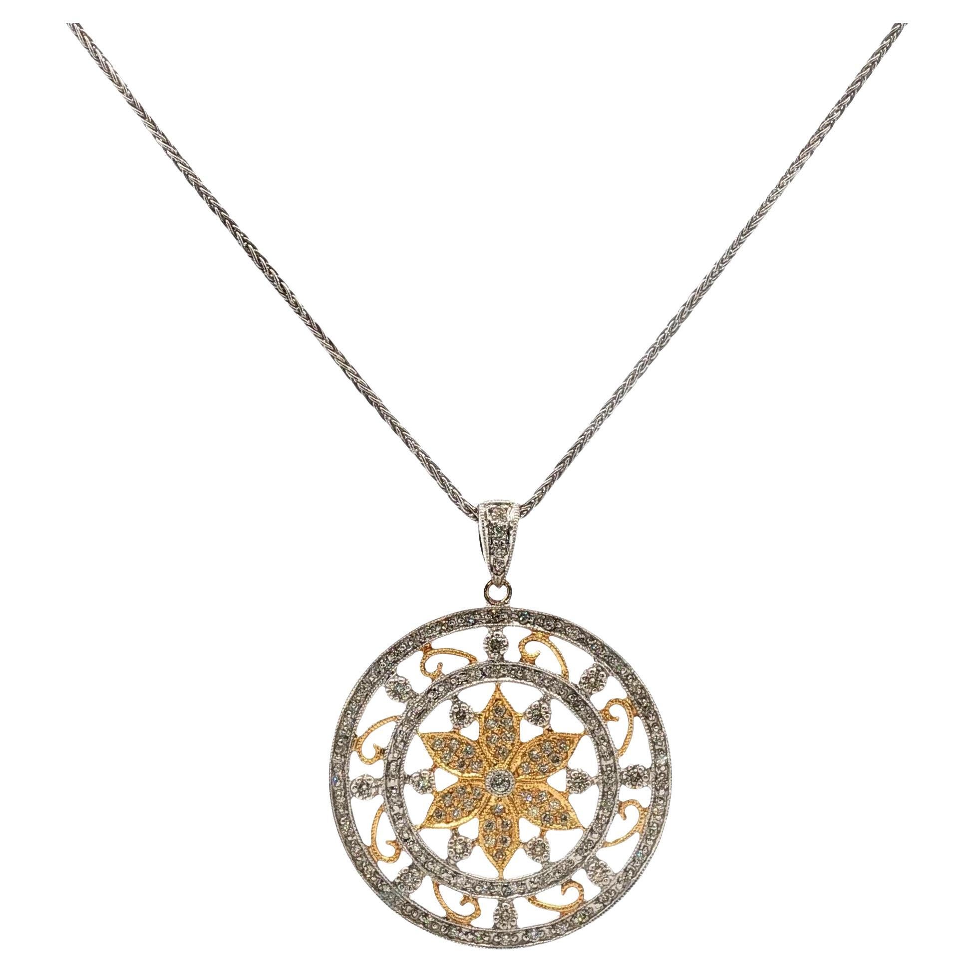 Diamond Circle Floral Design 18 Karat Two Tone Gold Modern Pendant Necklace