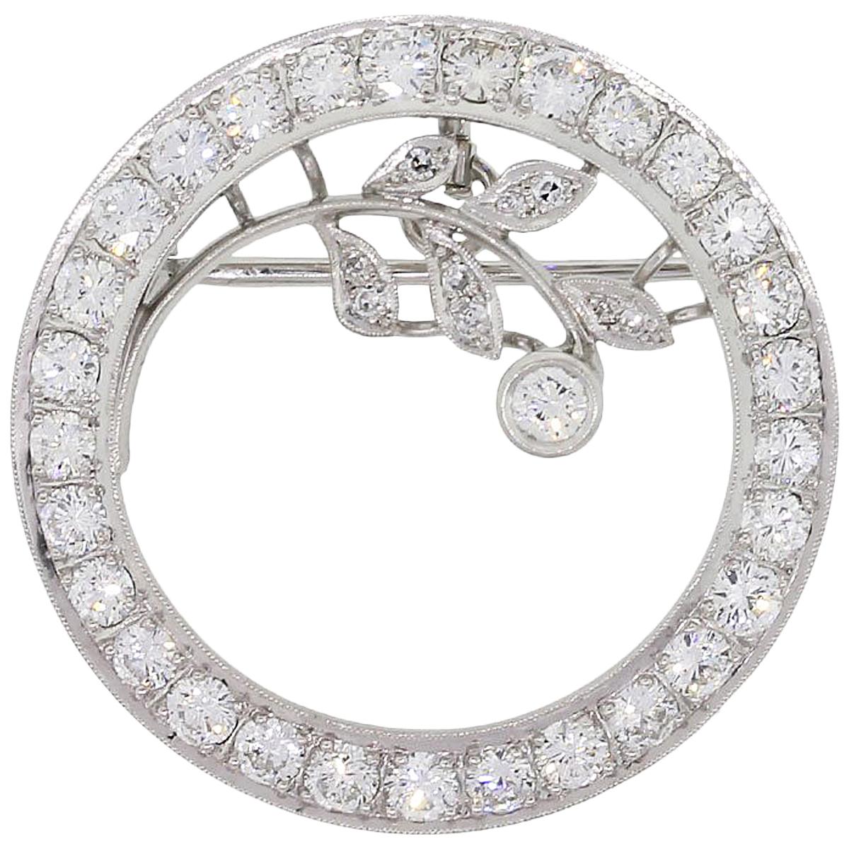 Diamond Circle Leaf Brooch