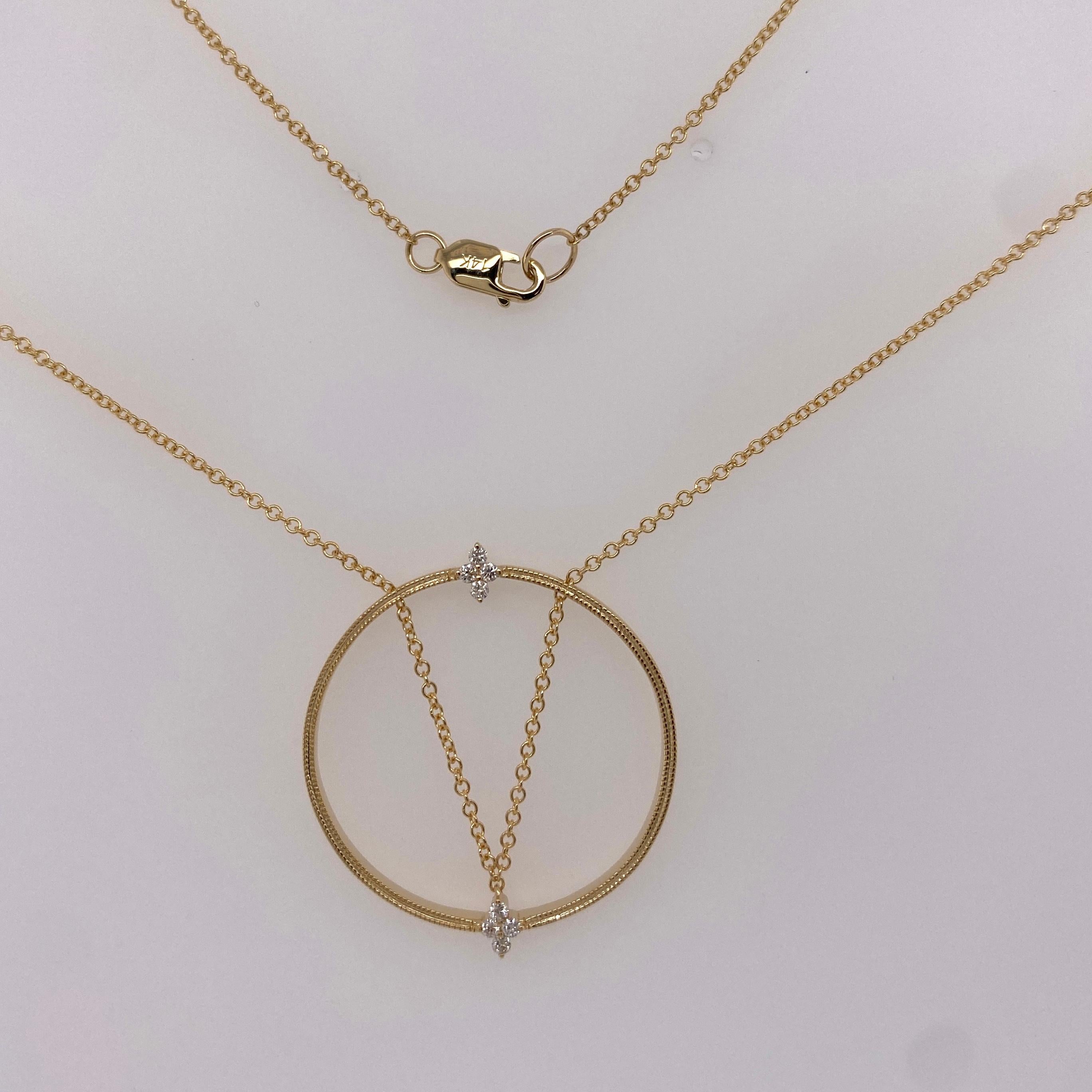 Taille ronde Collier circulaire en diamants avec Unique V Design 14k Gold Cable Chain en vente