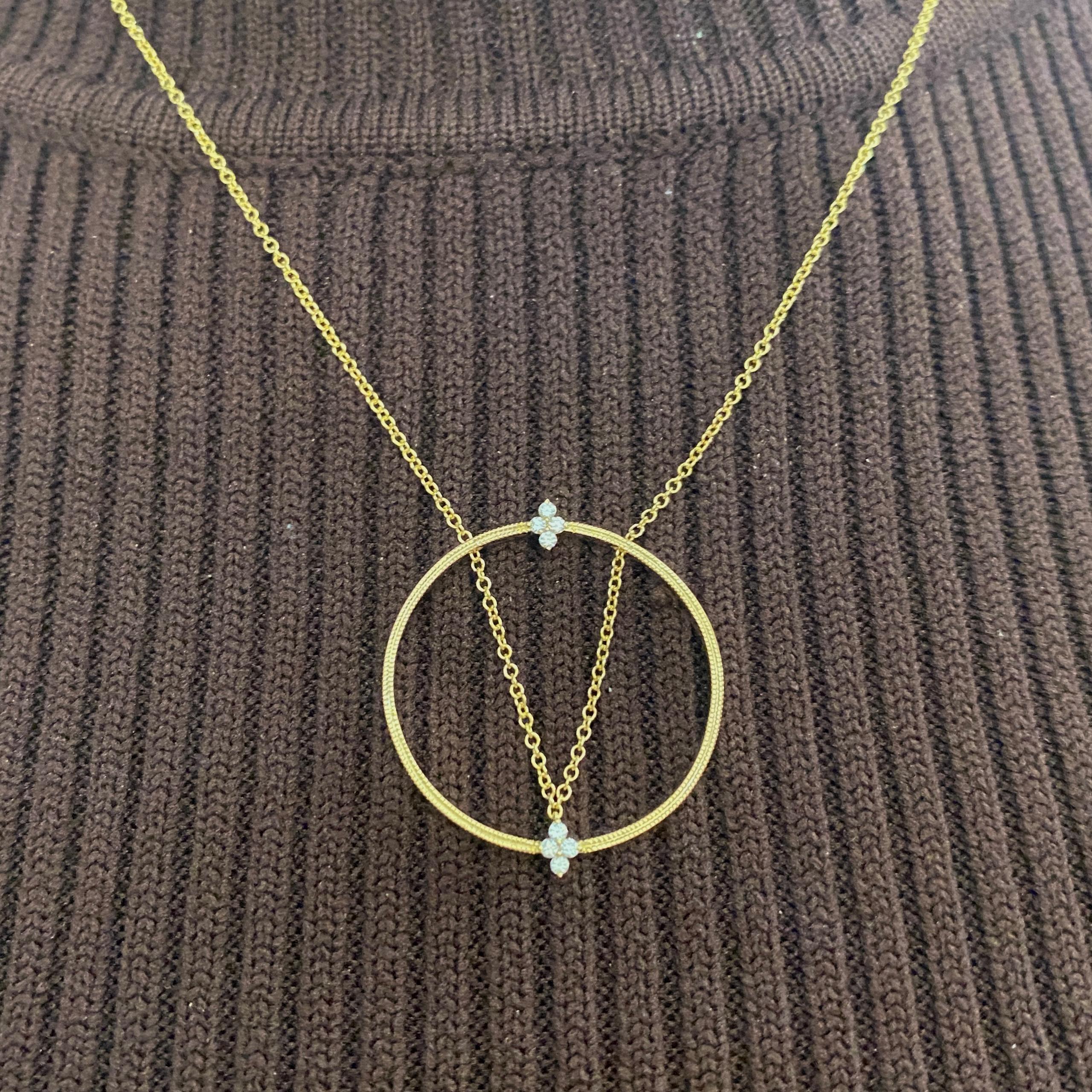 Contemporary Diamond Circle Necklace with Unique V Design 14k Gold Cable Chain For Sale