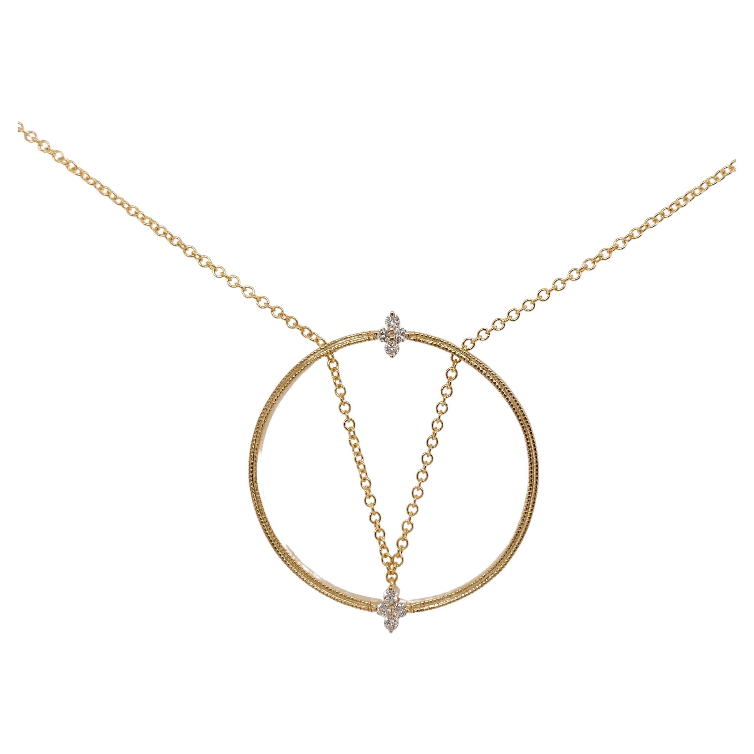 Diamond Circle Necklace with Unique V Design 14k Gold Cable Chain