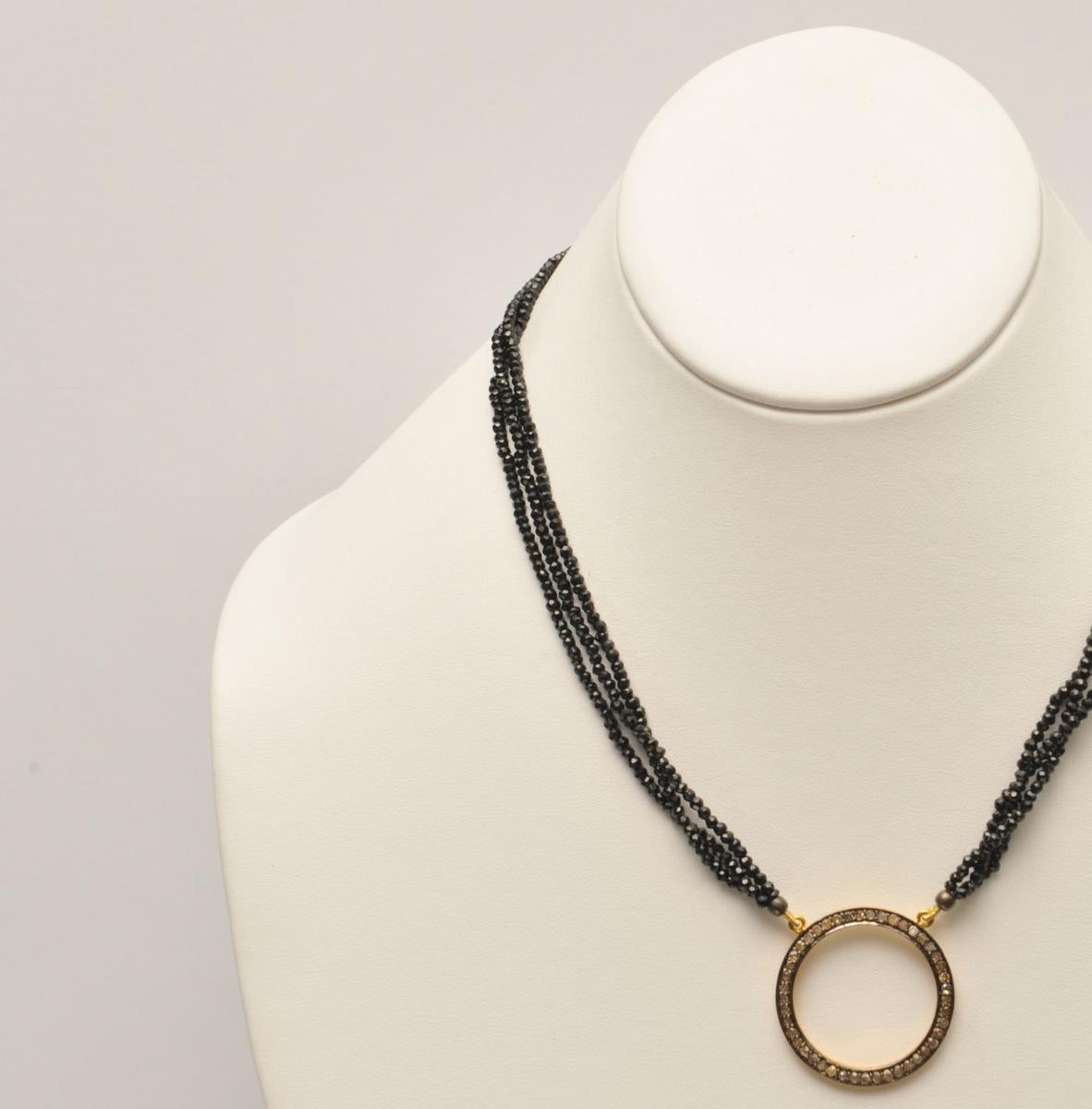 Diamond Circle Pendant and Black Spinel Beaded Necklace For Sale at ...