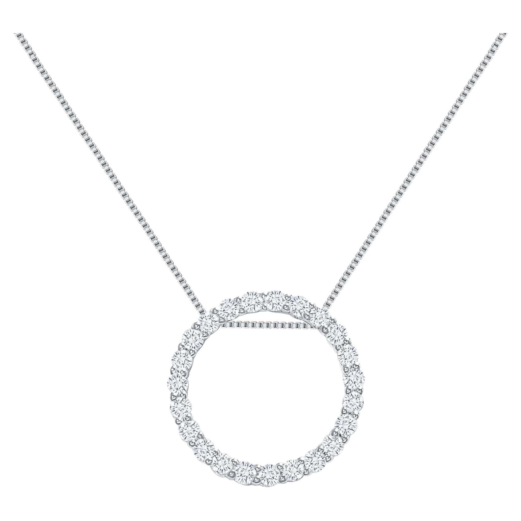 This diamond circle pendant provides a glowing chic look.

Necklace Information
Metal : 14k Gold
Diamond Total Carats : 1ct
Diamond Cut : Round Natural Diamonds
Diamond Clarity : VS
Diamond Color : F-G
Color : White Gold, Yellow Gold, Rose