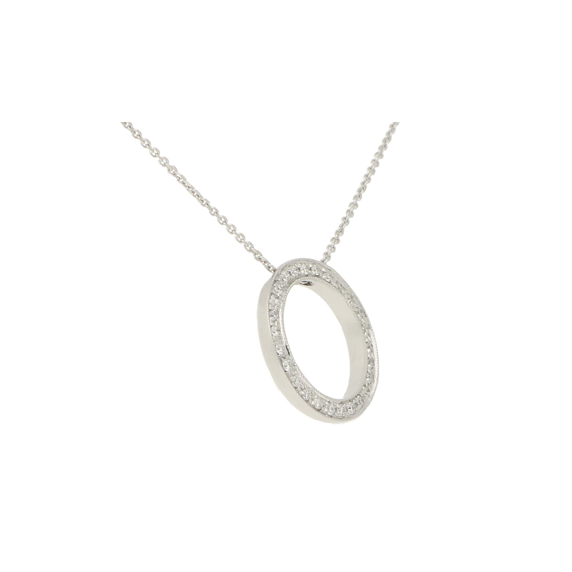 Modern Diamond Circle Pendant Set in 18 Karat White Gold