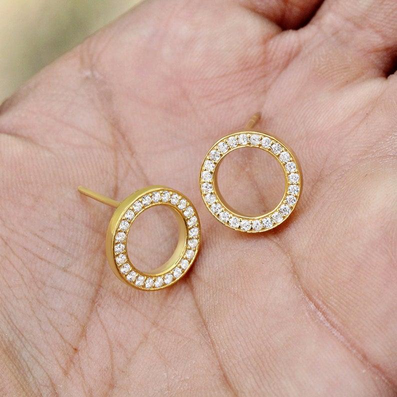 Artisan Diamond Circle Stud Earrings, 14k Gold Earrings For Sale