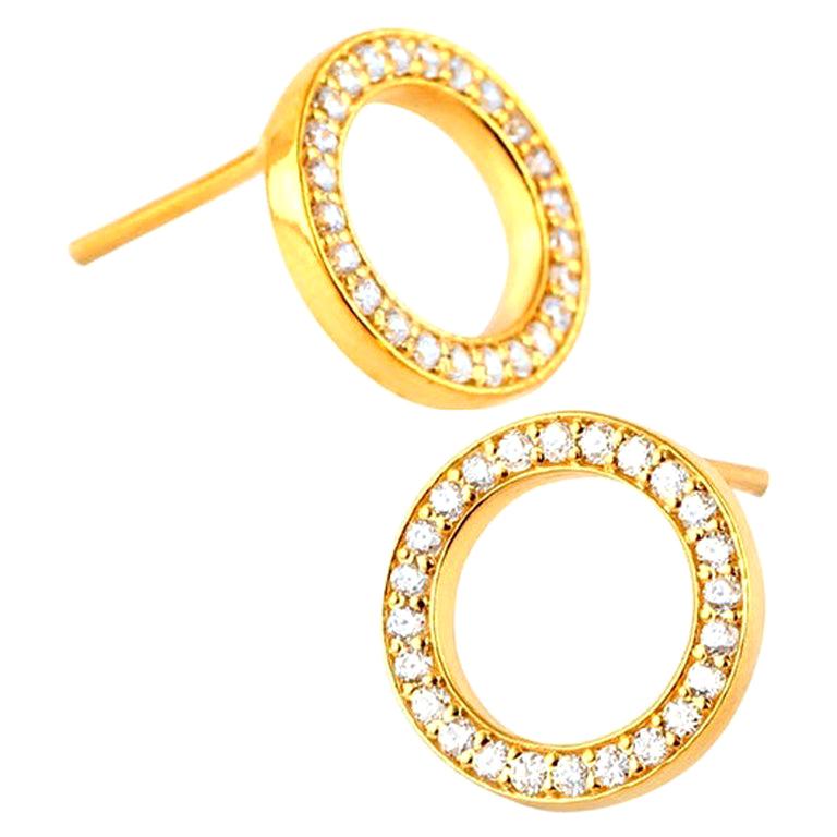 Diamond Circle Stud Earrings, 18 Karat Gold Earrings, Everyday Earrings For Sale