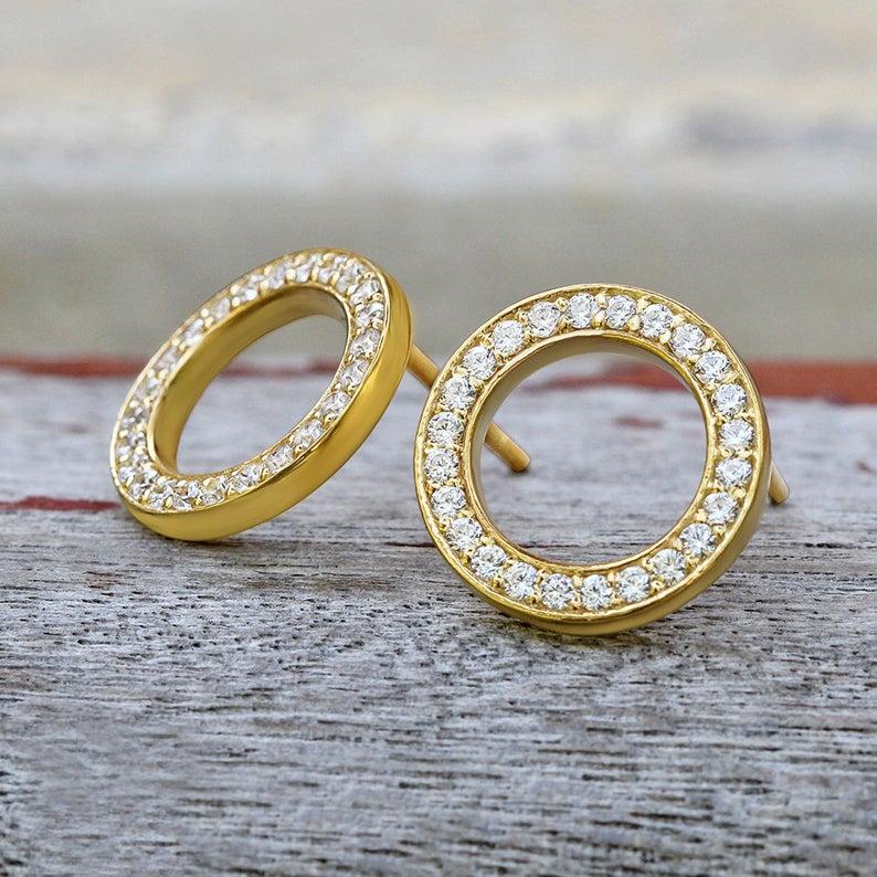 Artisan Diamond Circle Stud Earrings, 18 Karat Gold Earrings, Everyday Earrings For Sale