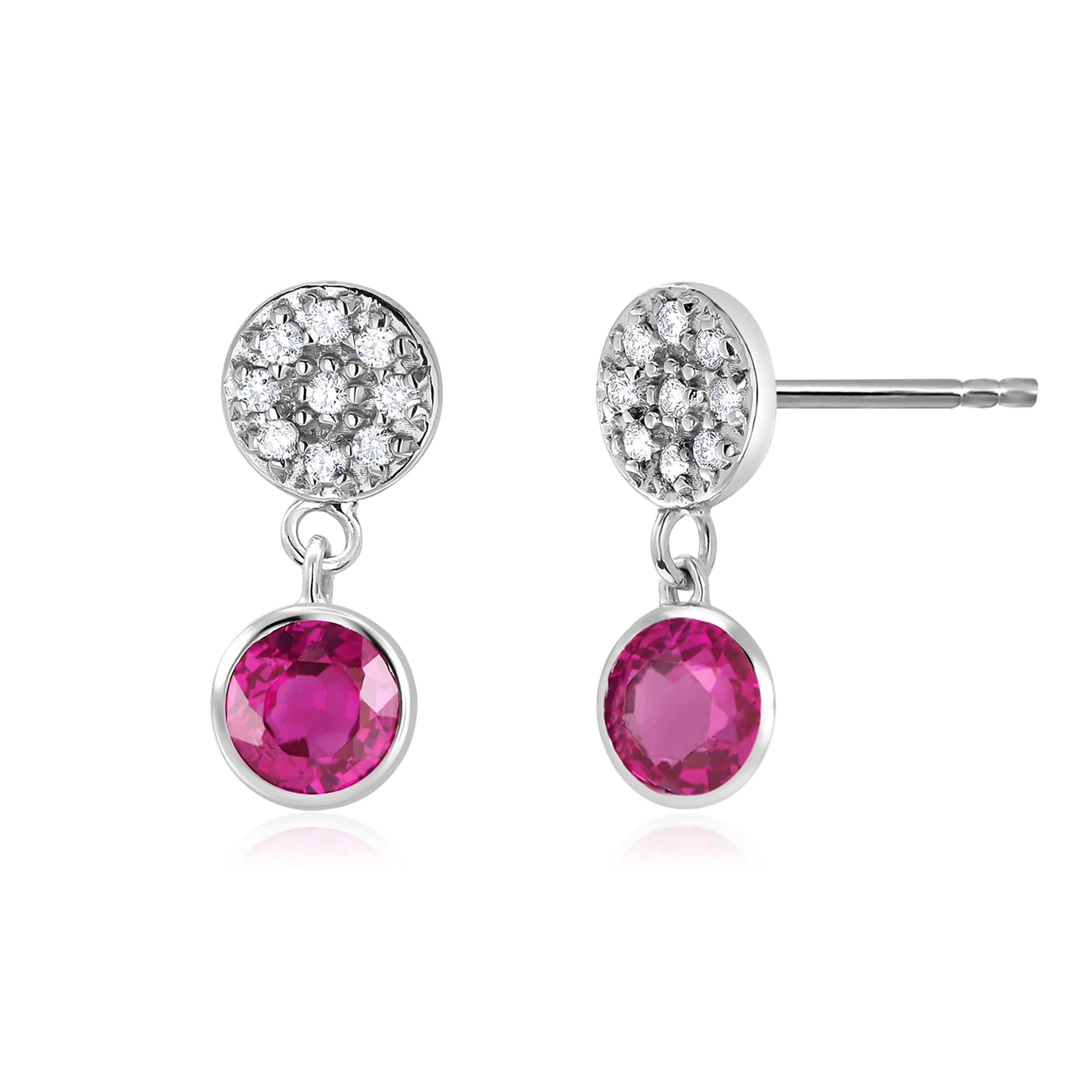 Round Cut Diamond Circle Studs with Two Round Ruby Bezel Set Drop Earrings