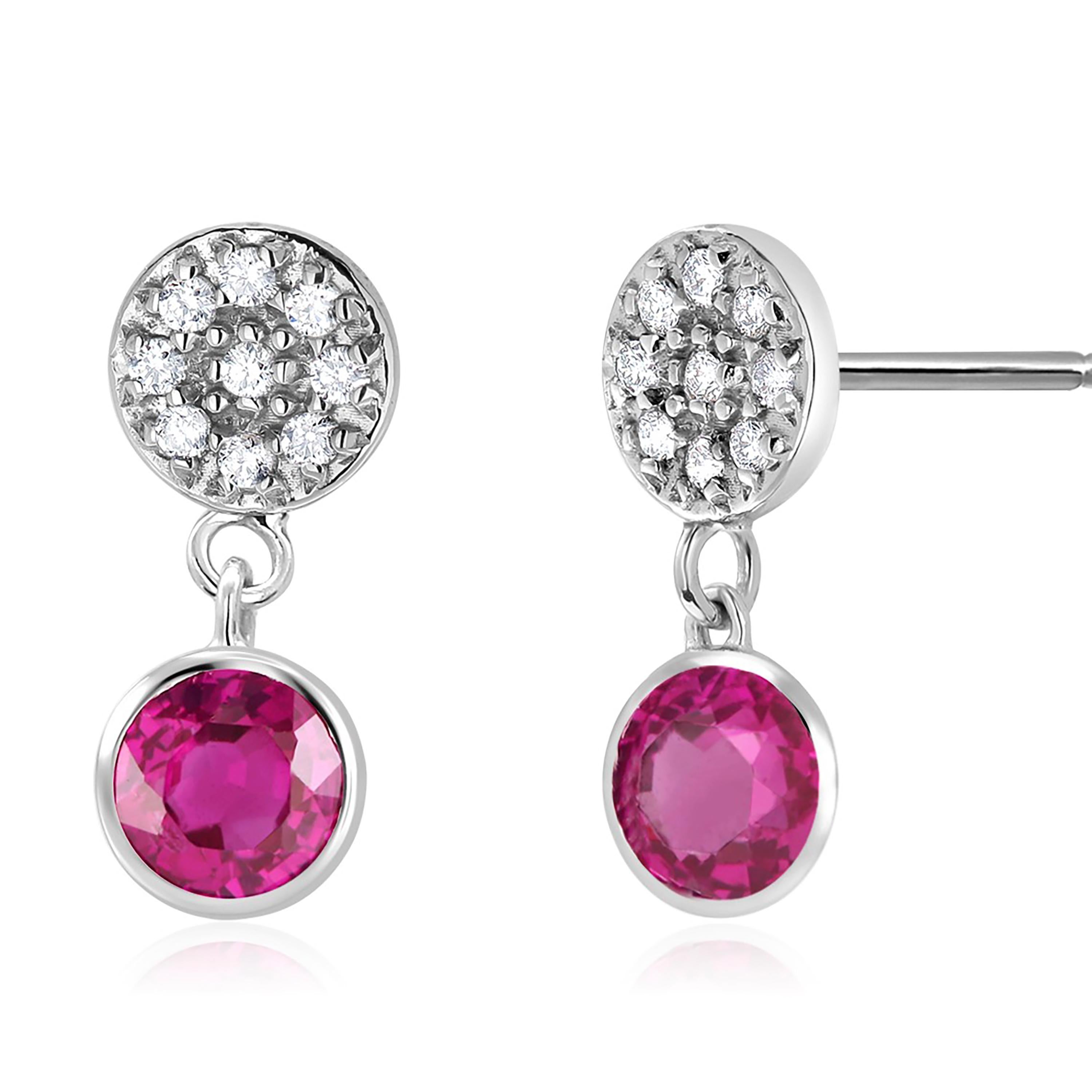 Diamond Circle Studs with Two Round Ruby Bezel Set Drop Earrings In New Condition In New York, NY