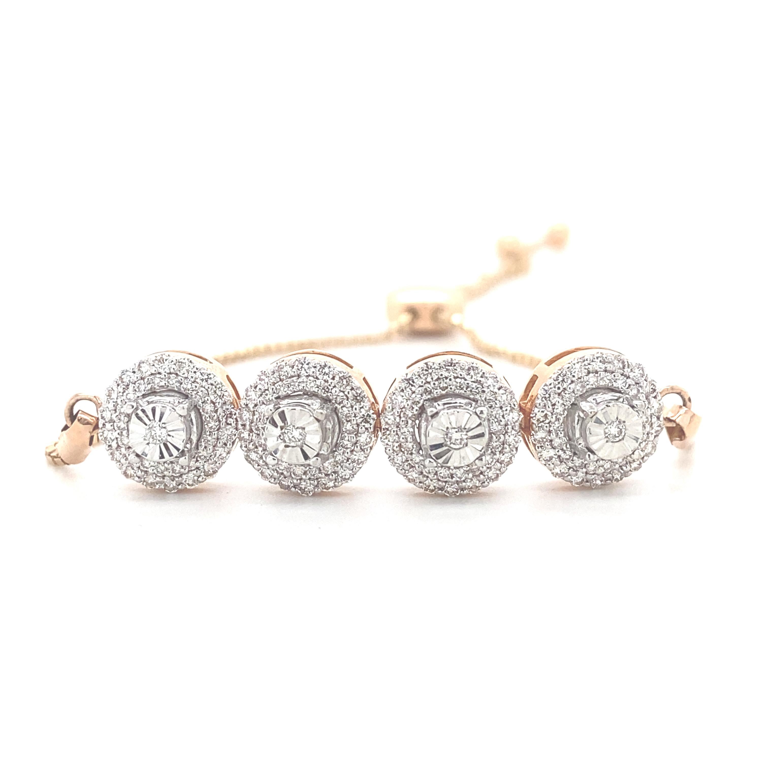 Pulsera Bolo Círculos de Diamantes con Engaste Ilusión en Oro Macizo de 14 K (Certificado) en venta 2